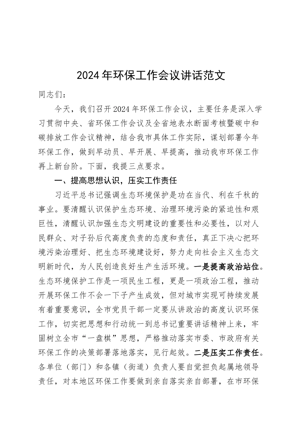 2024年环保工作会议讲话环境保护_第1页