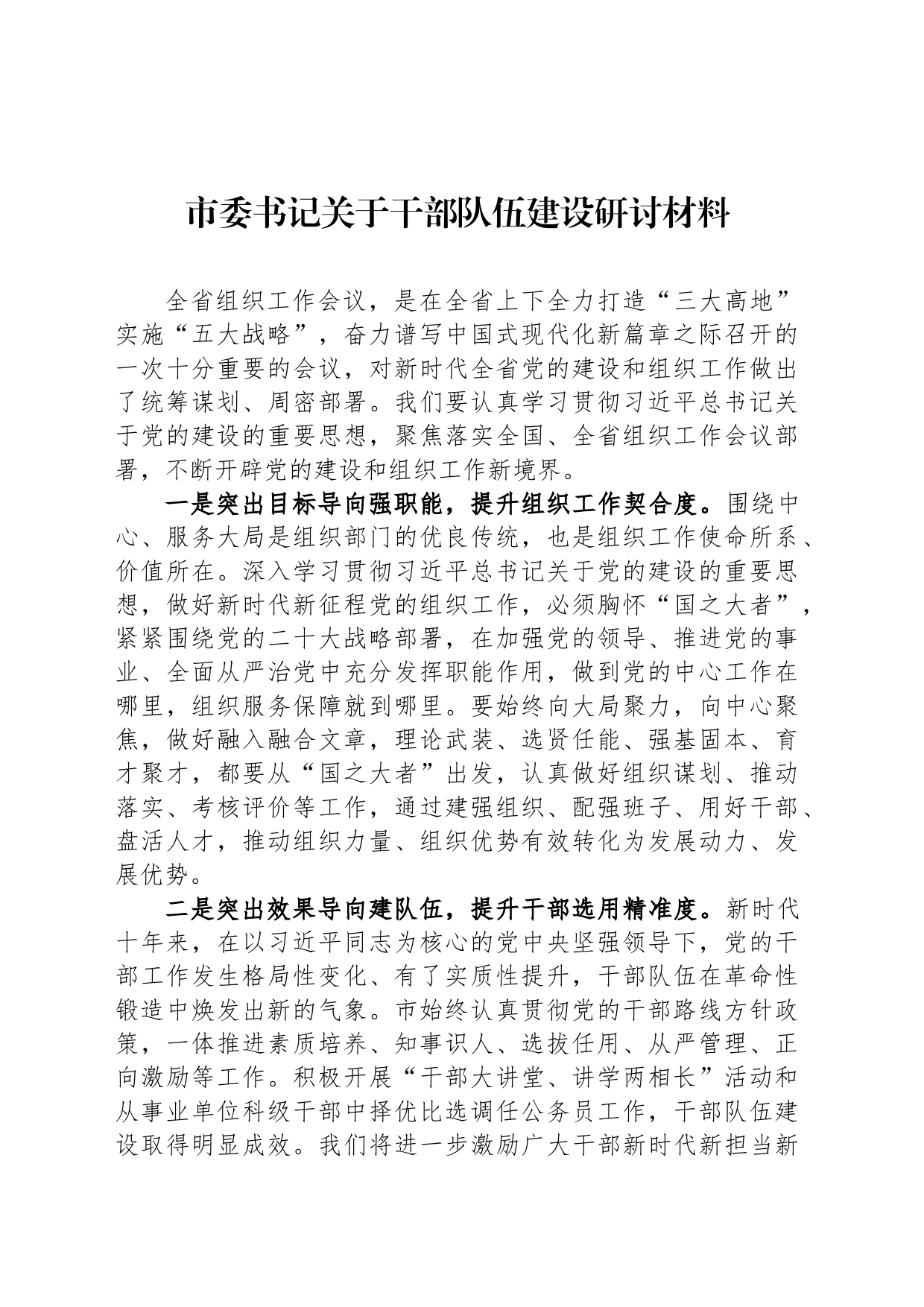 市委书记关于干部队伍建设研讨材料_第1页