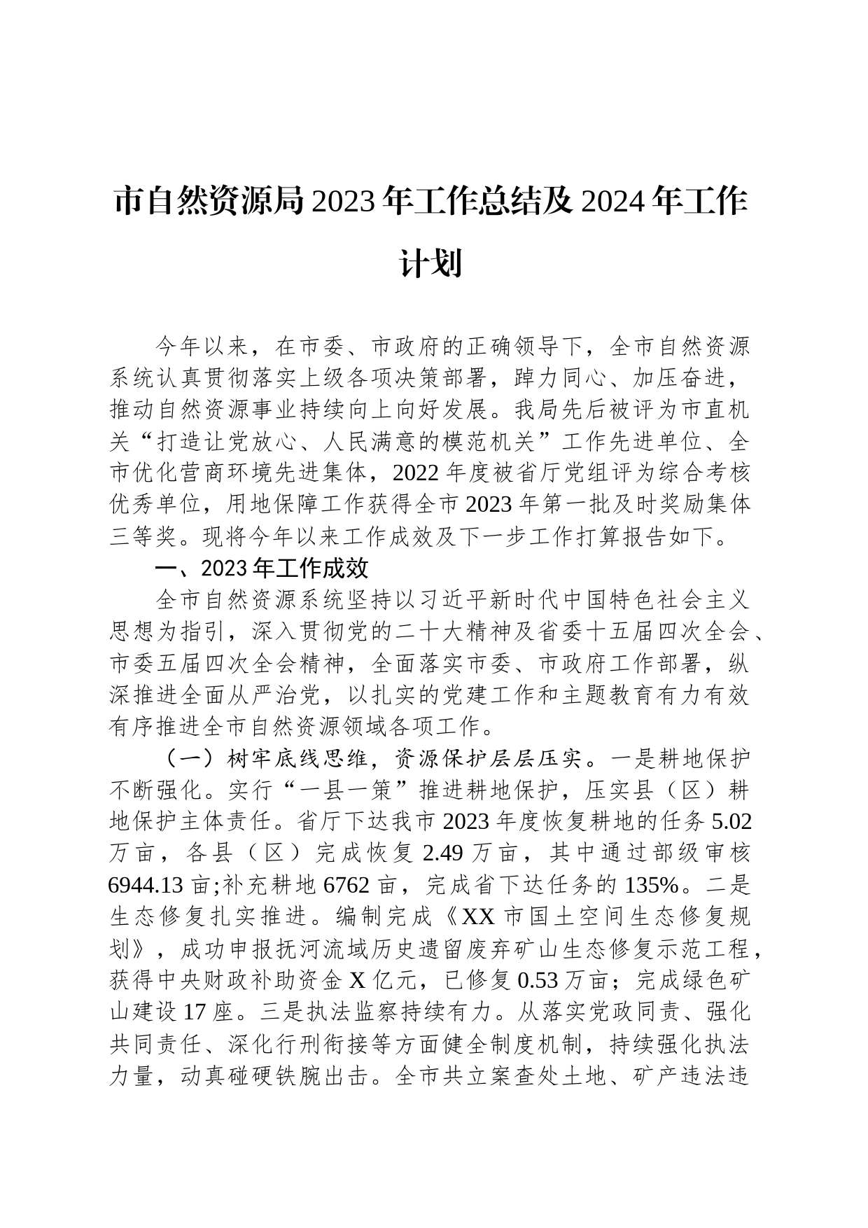 市自然资源局2023年工作总结及2024年工作计划(20240129)_第1页