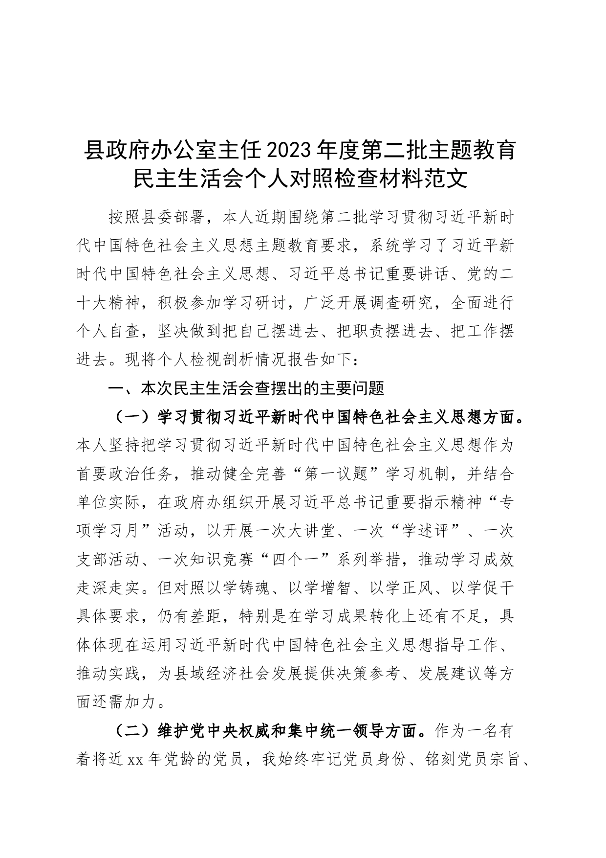 县政府办公室主任2023年度主题教育民主生活会个人检查材料（政绩观，新形象工程，六个自觉坚定，思想，维护权威领导，践行宗旨，全面从严责任等，发言提纲，检视剖析第二批次对照）_第1页