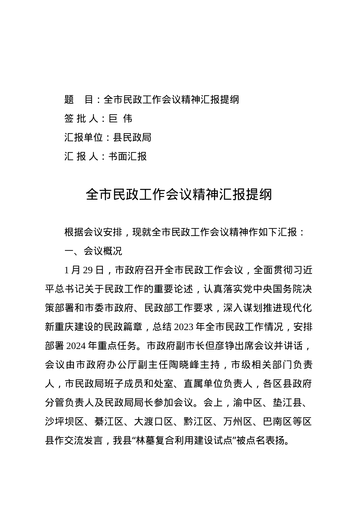 2024年全市民政工作会议精神汇报提纲_第1页