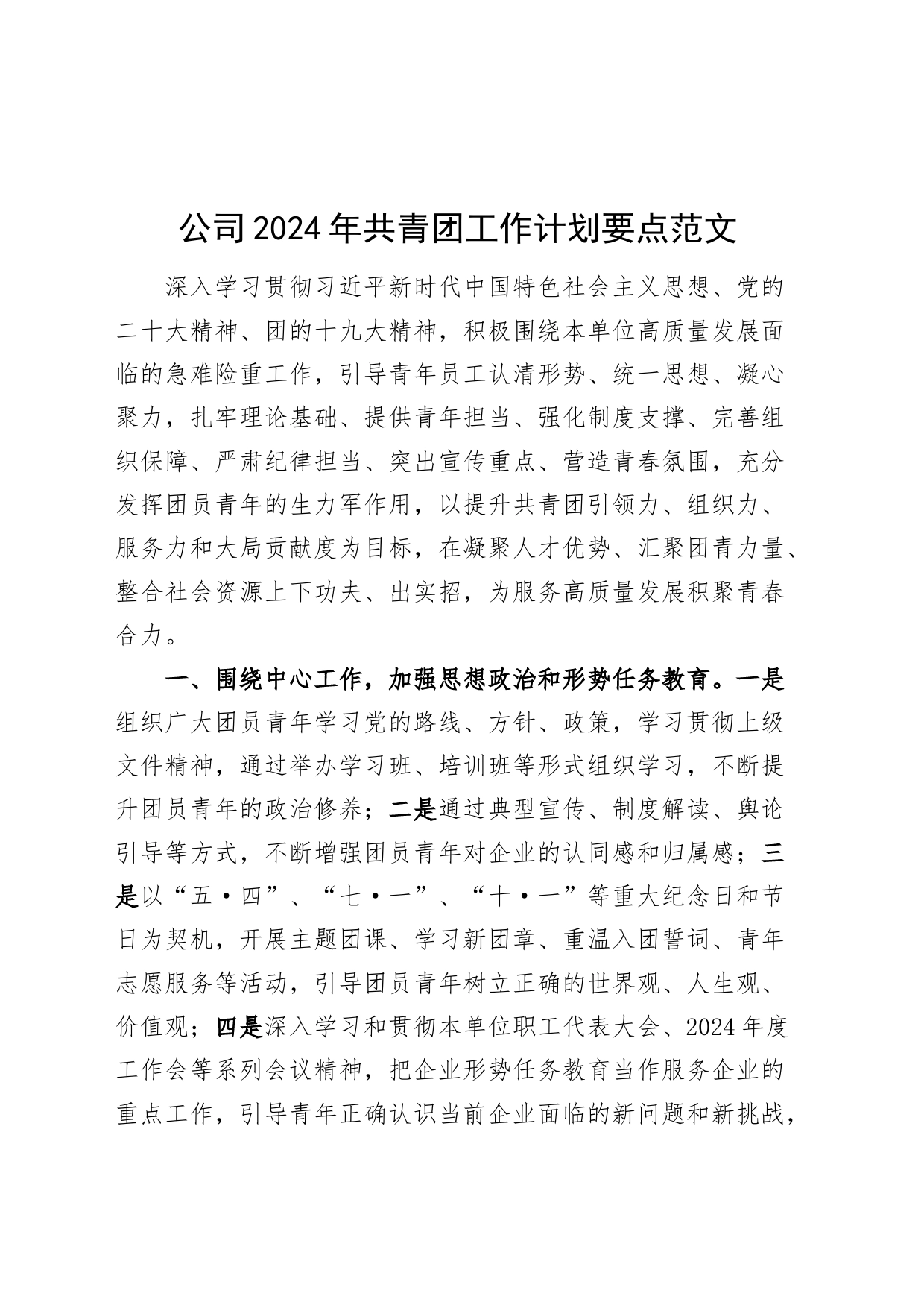 公司2024年共青团工作计划要点国有企业20240225_第1页