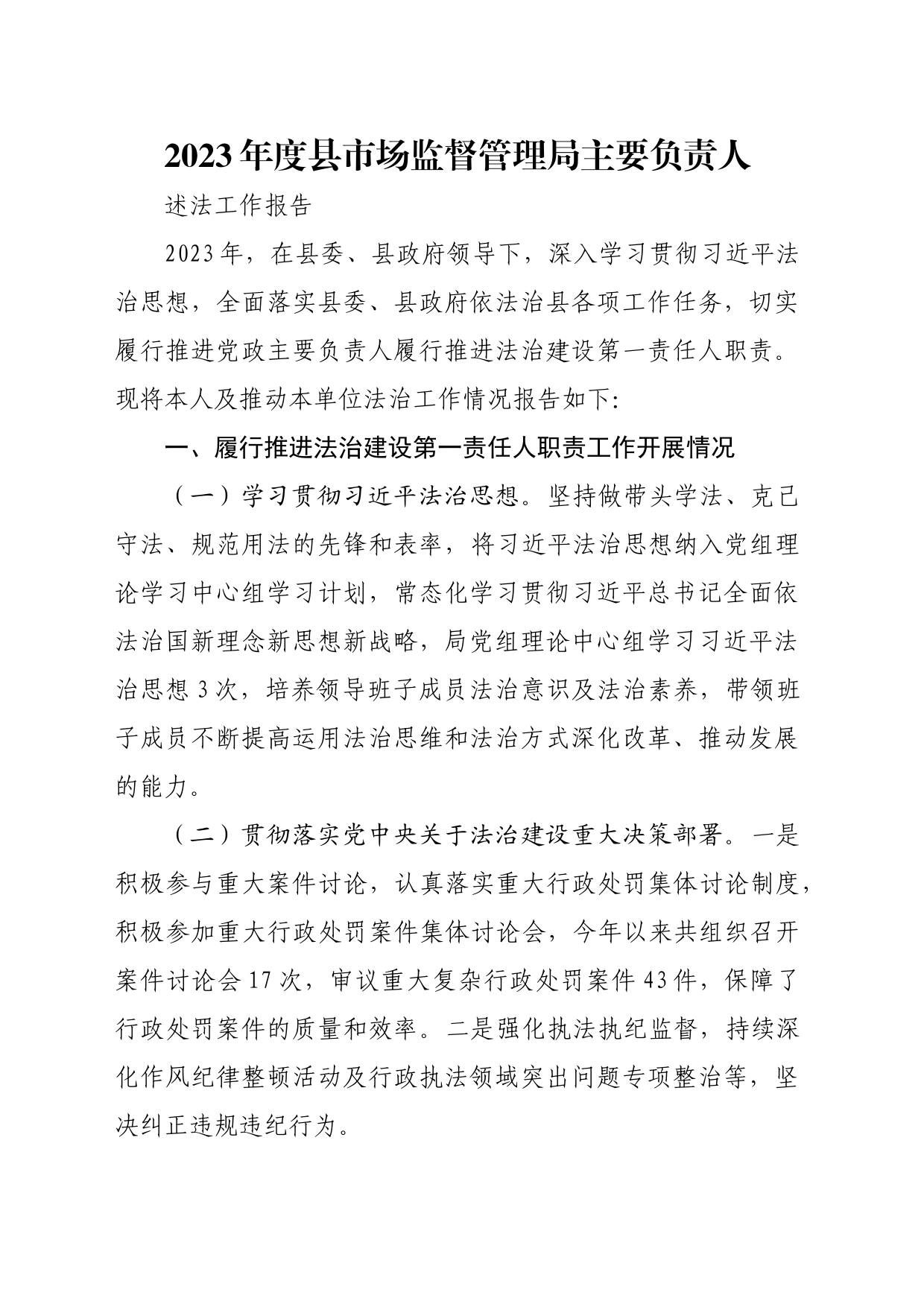 2023年度市场监管系统主要负责人述法报告_第1页
