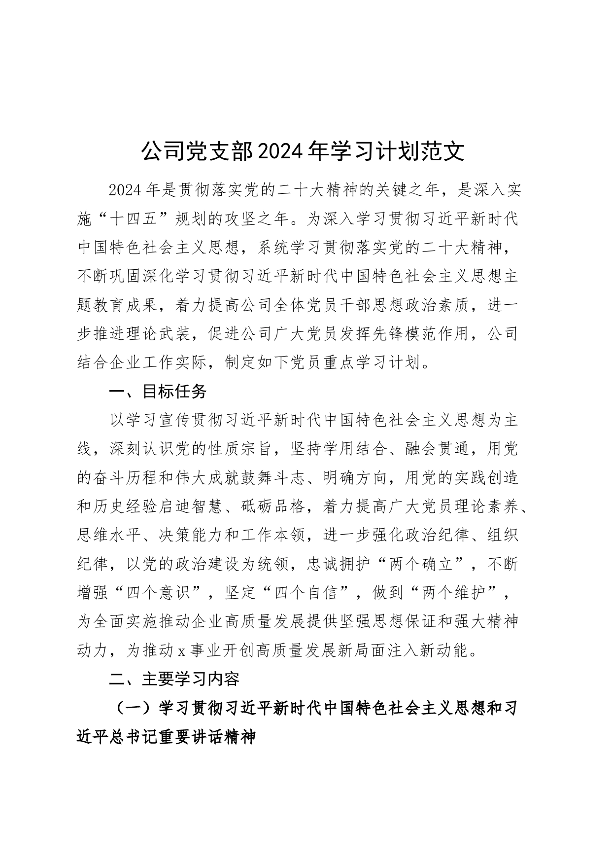 公司党支部支部2024年学习计划国有企业20240226_第1页
