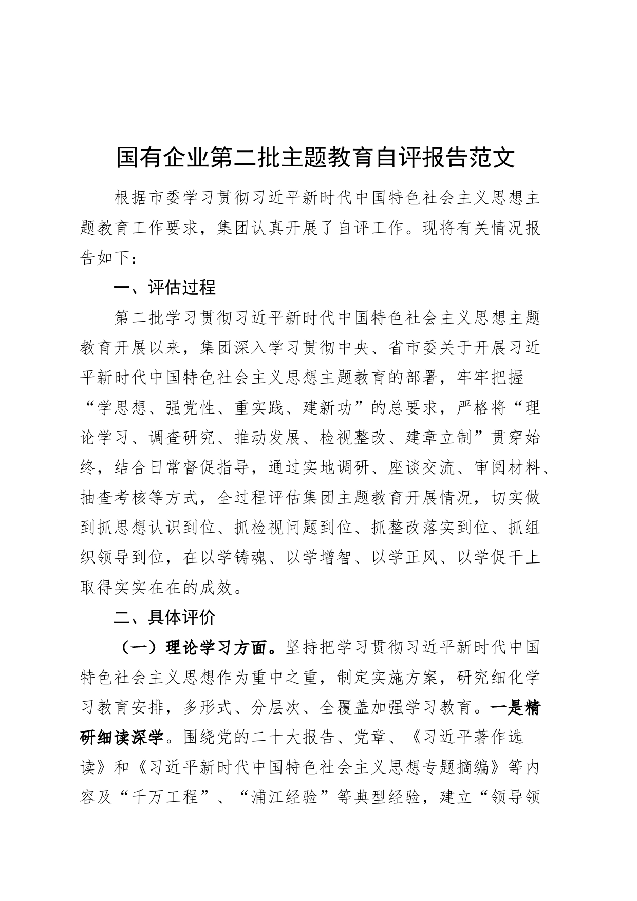 国有企业二批次主题教育自评报告（理论学习、调查研究、推动发展、检视整改、组织领导，公司工作汇报总结自查）20240226_第1页