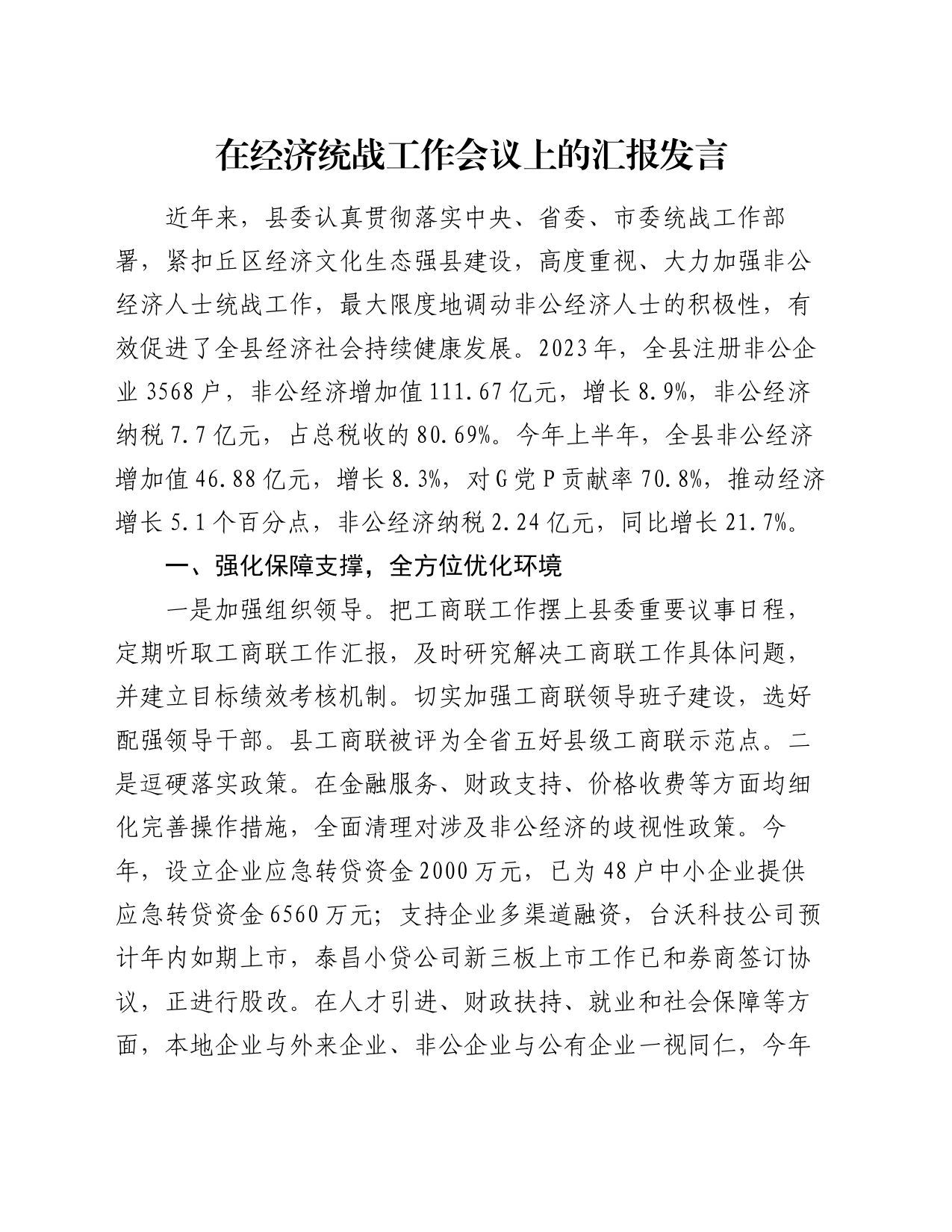 在经济统战工作会议上的汇报发言_第1页