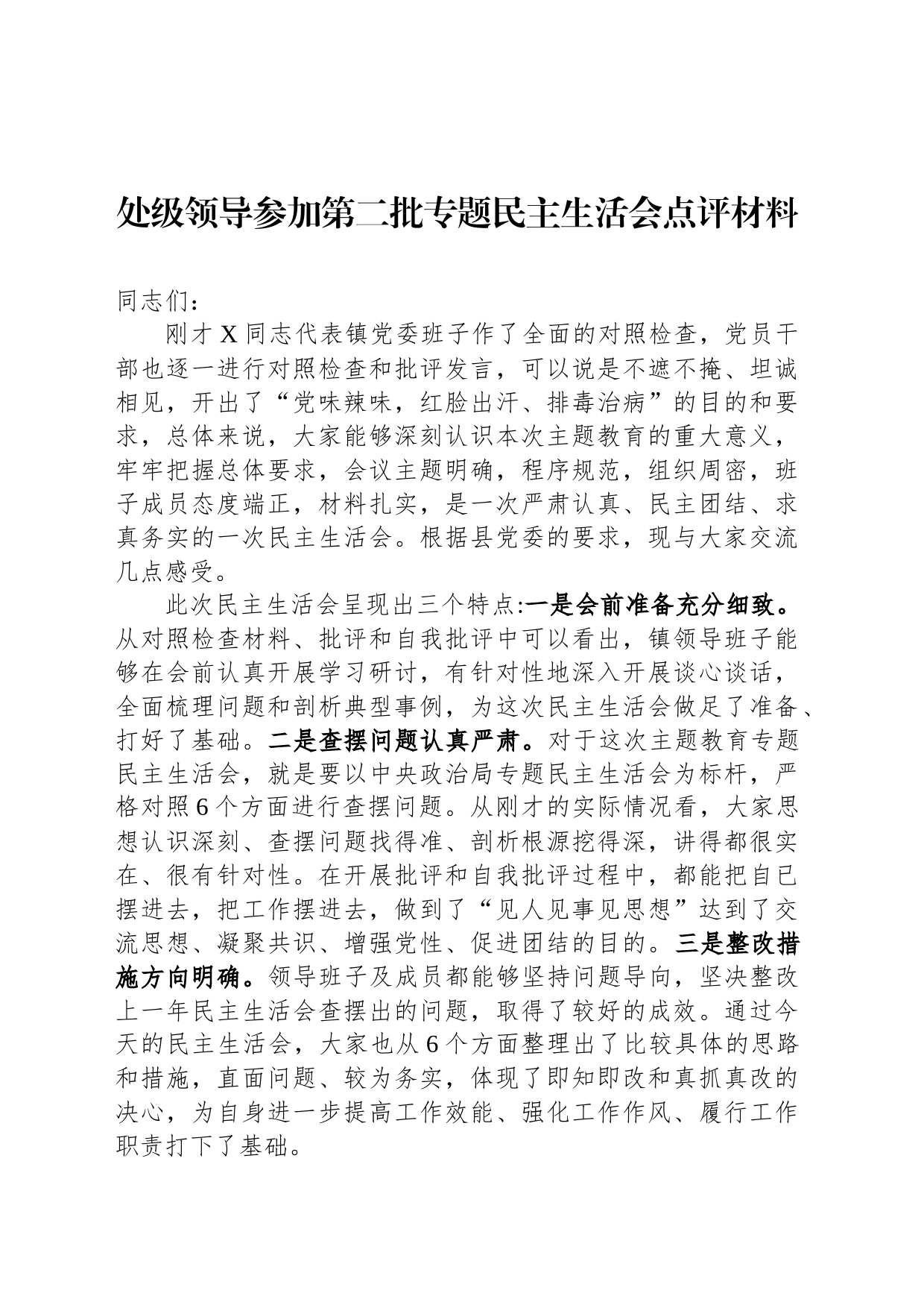 处级领导参加第二批专题民主生活会点评材料_第1页