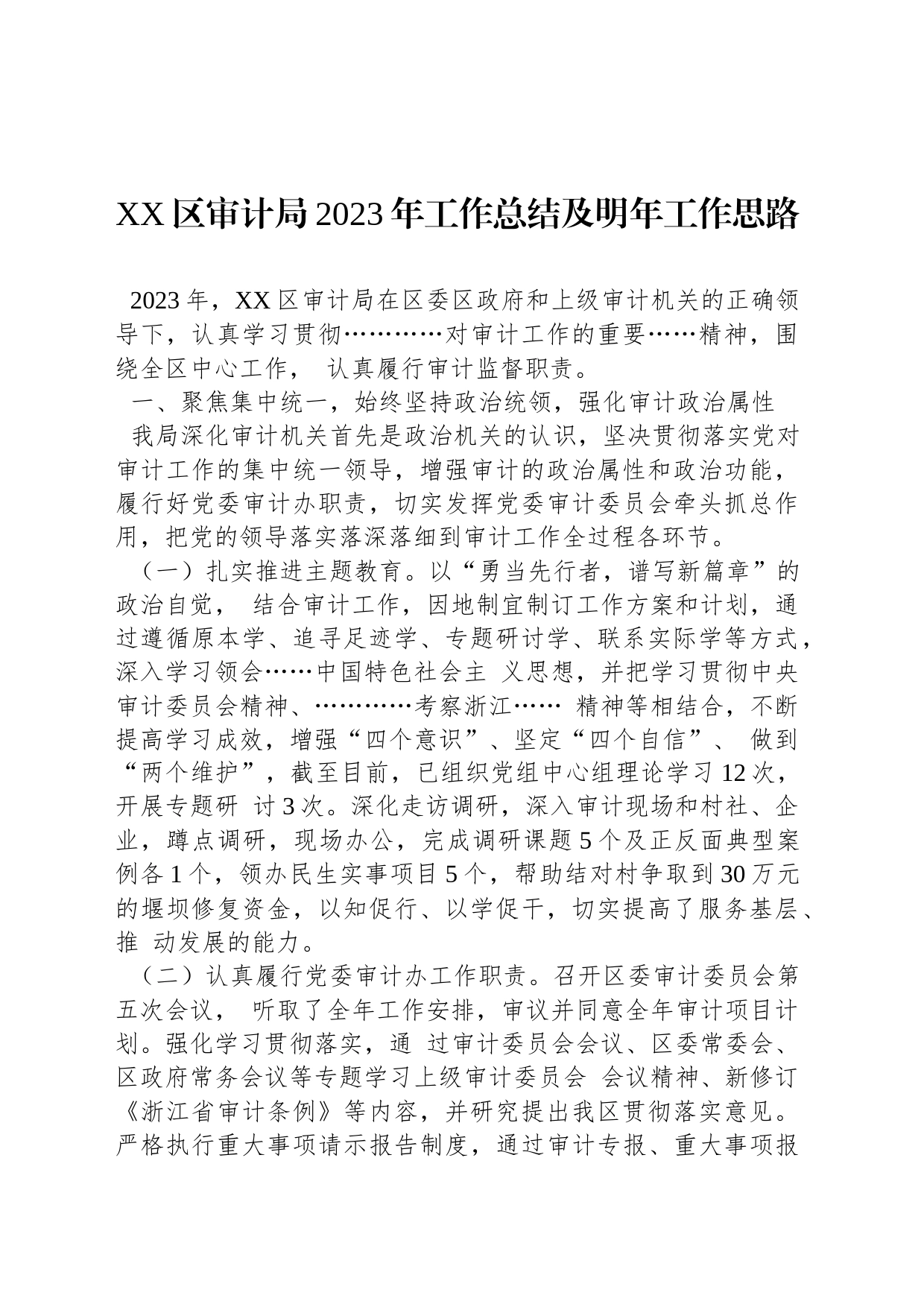 XX区审计局2023年工作总结及明年工作思路_第1页