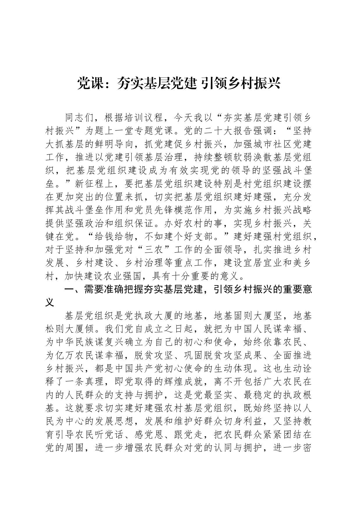 党课：夯实基层党建 引领乡村振兴_第1页