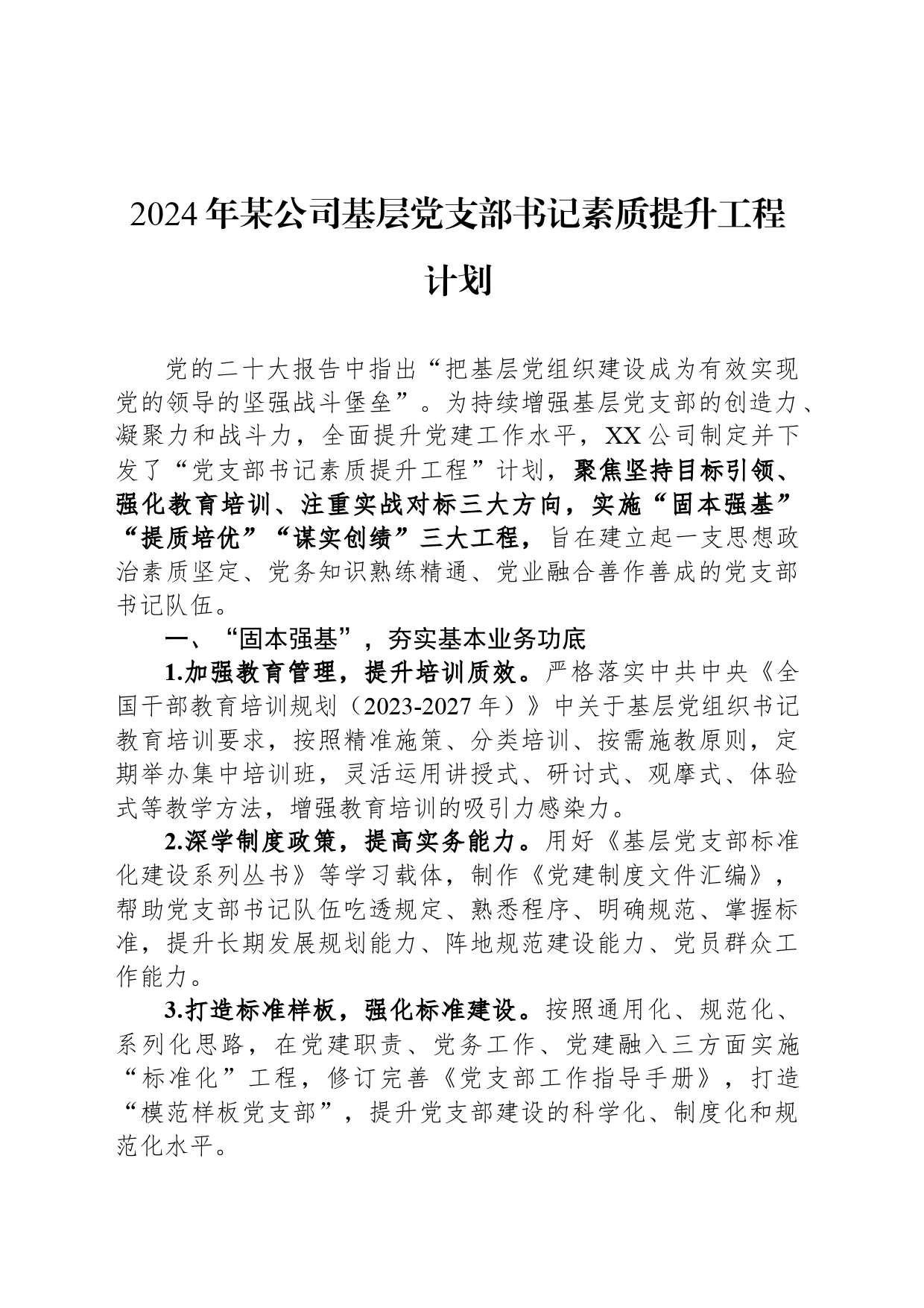 2024年某公司基层党支部书记素质提升工程计划_第1页