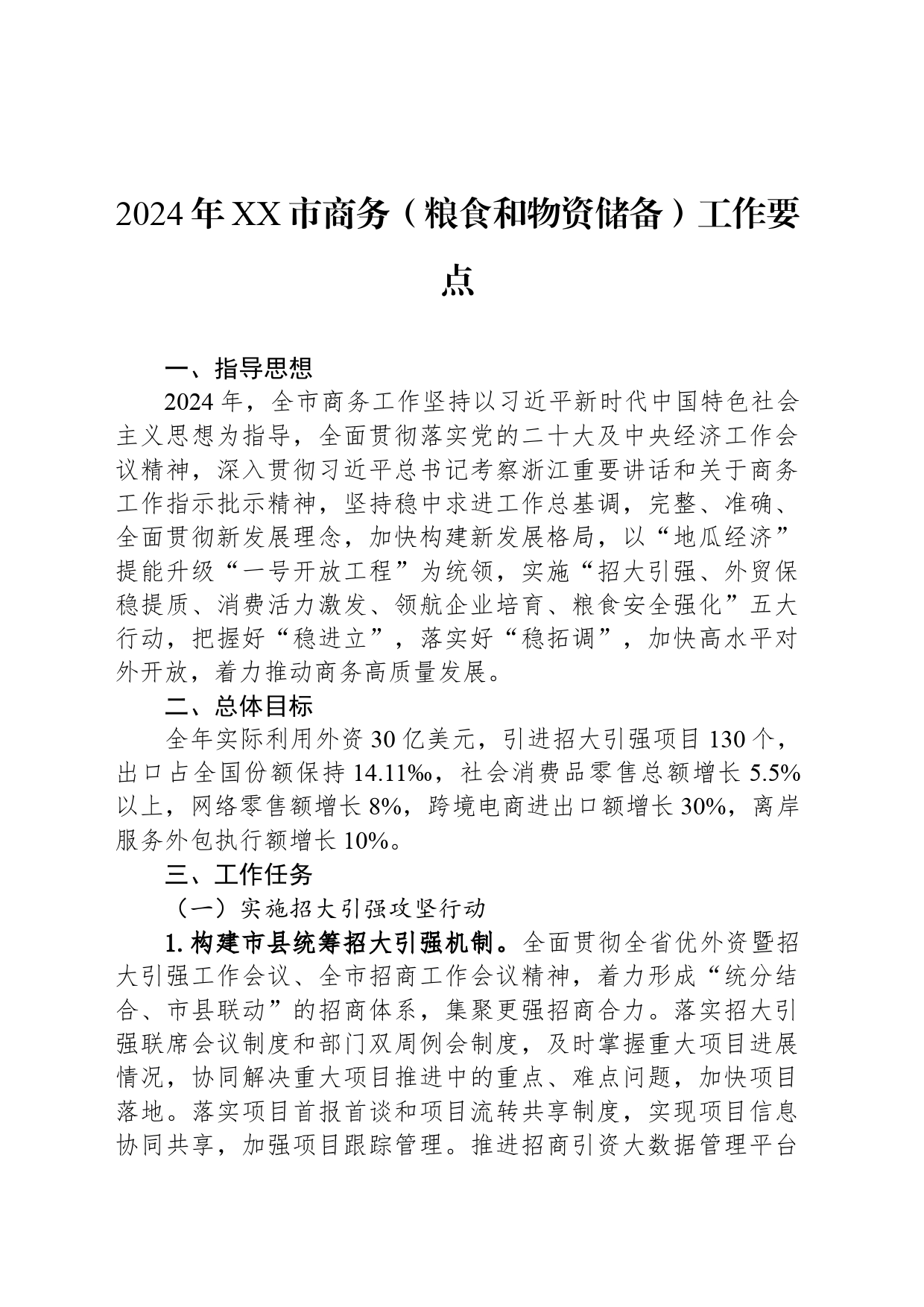 2024年XX市商务（粮食和物资储备）工作要点（20240304）_第1页