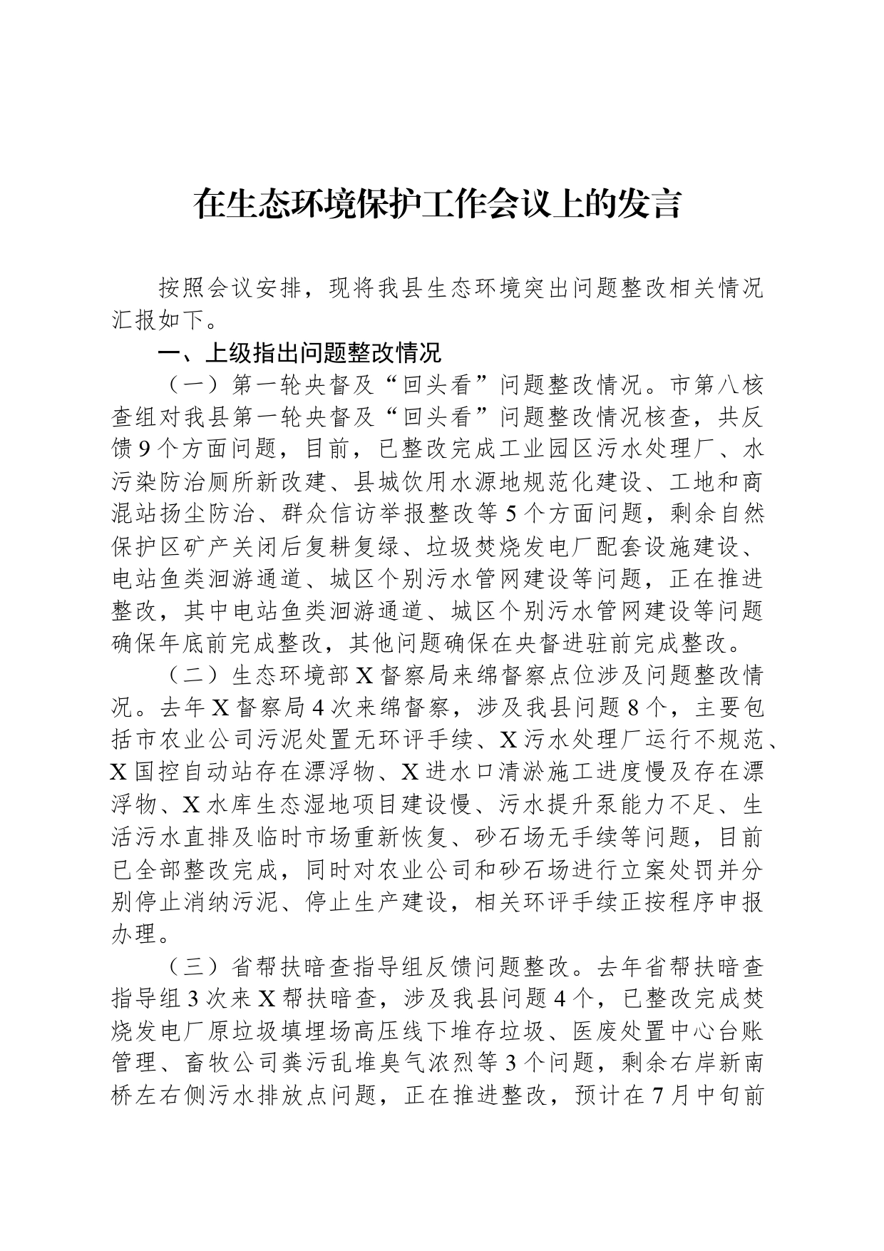 在生态环境保护工作会议上的发言_第1页
