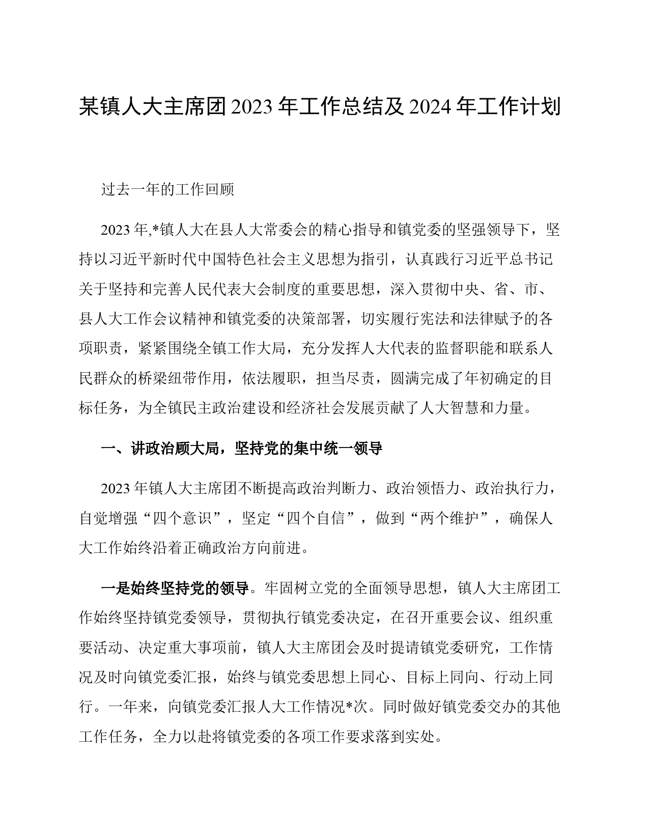 某镇人大主席团2023年工作总结及2024年工作计划_第1页