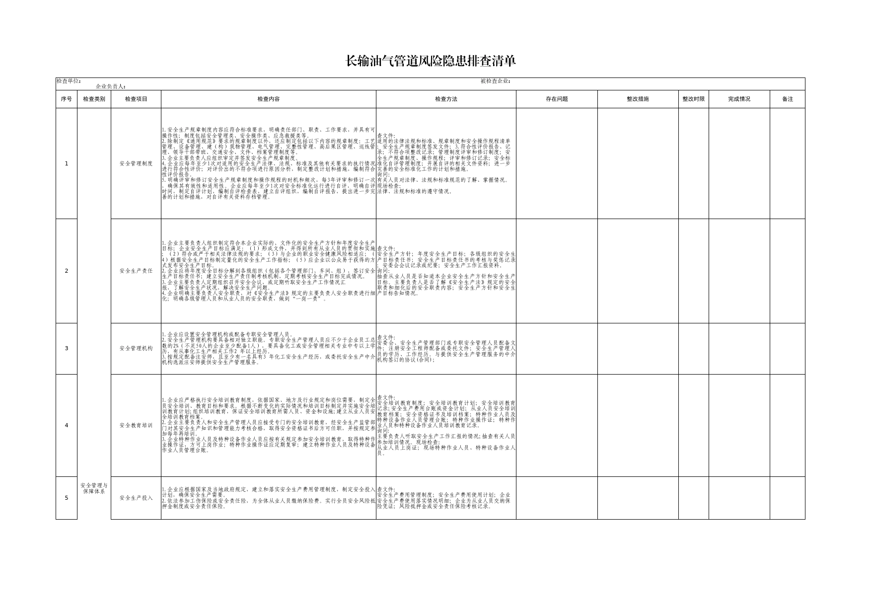 长输油气管道风险隐患排查清单_第1页