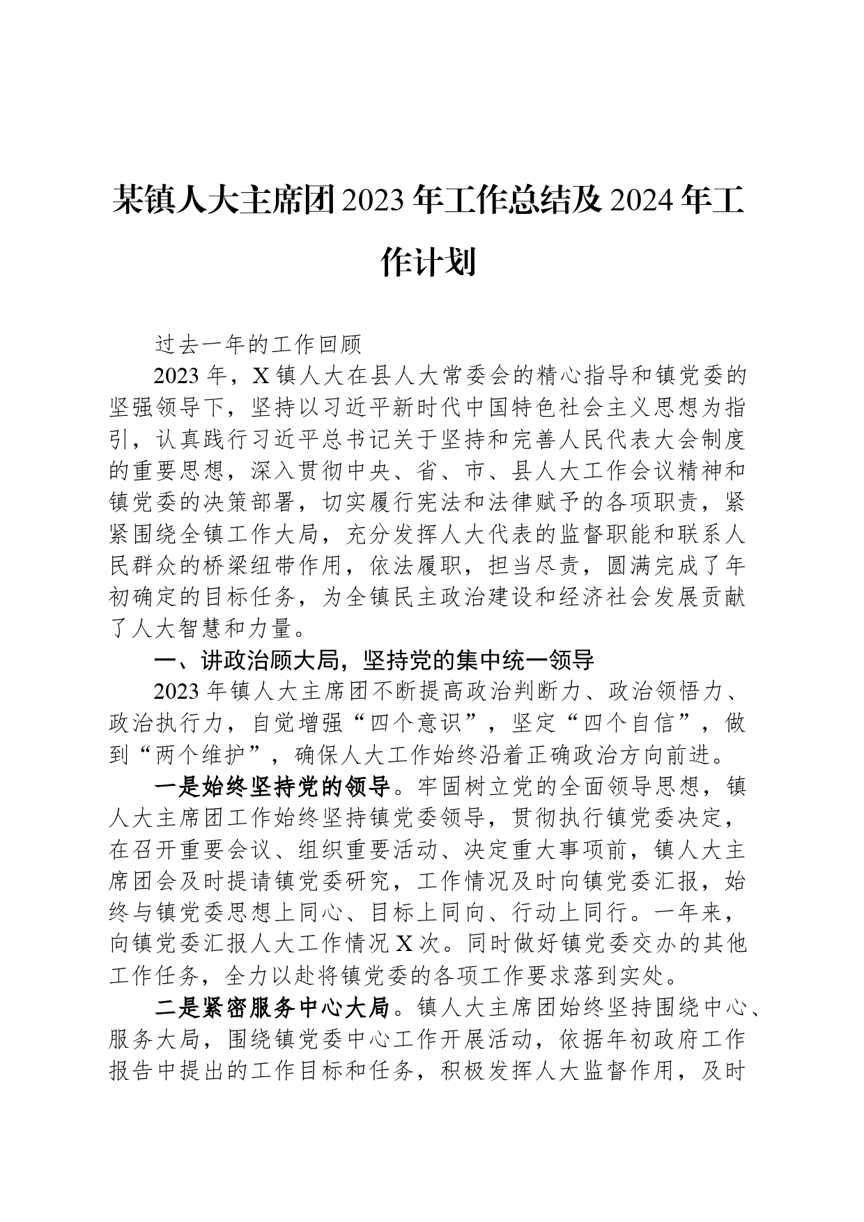 某镇人大主席团2023年工作总结及2024年工作计划_第1页