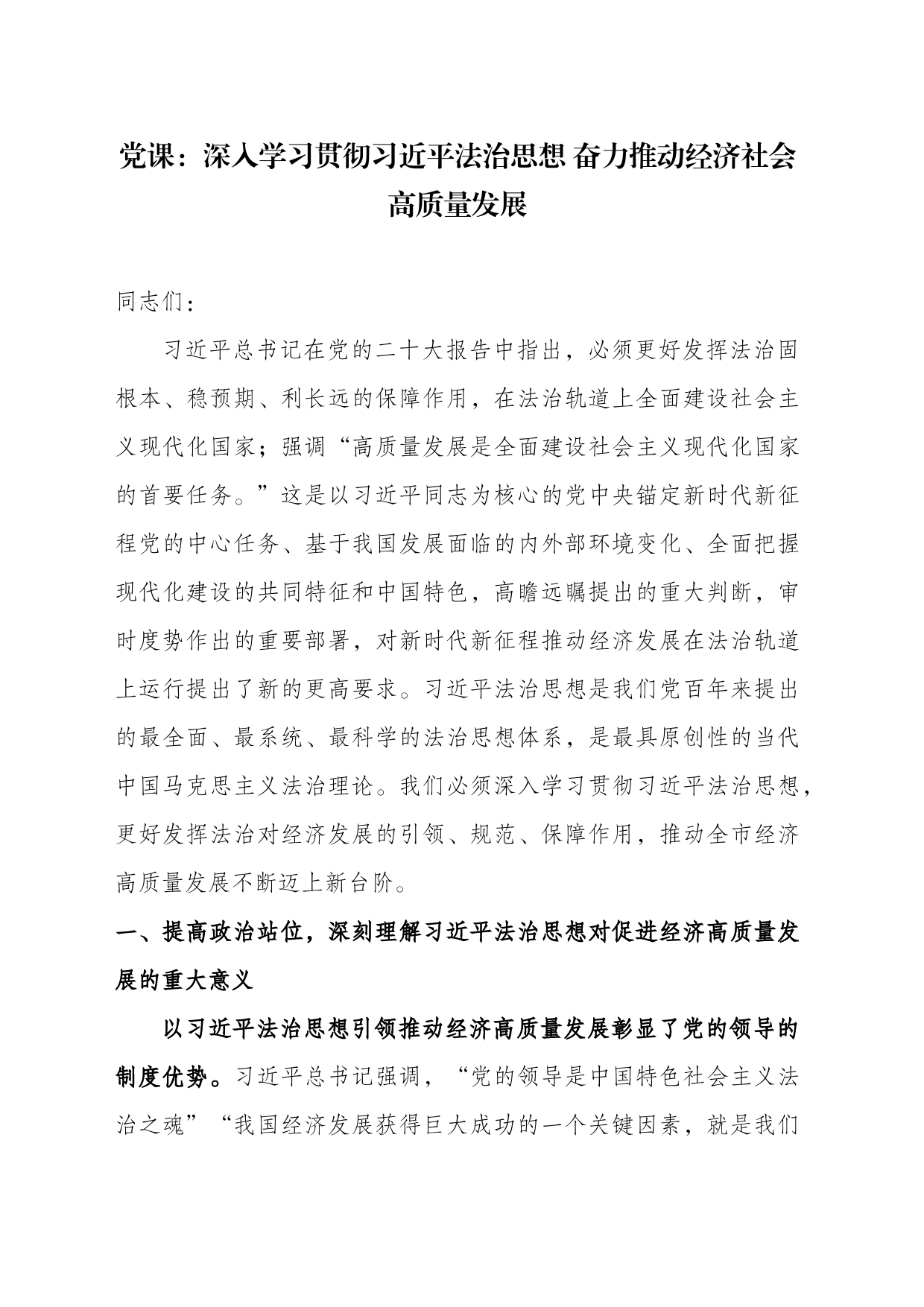 党课：深入学习贯彻习近平法治思想 奋力推动经济社会高质量发展_第1页