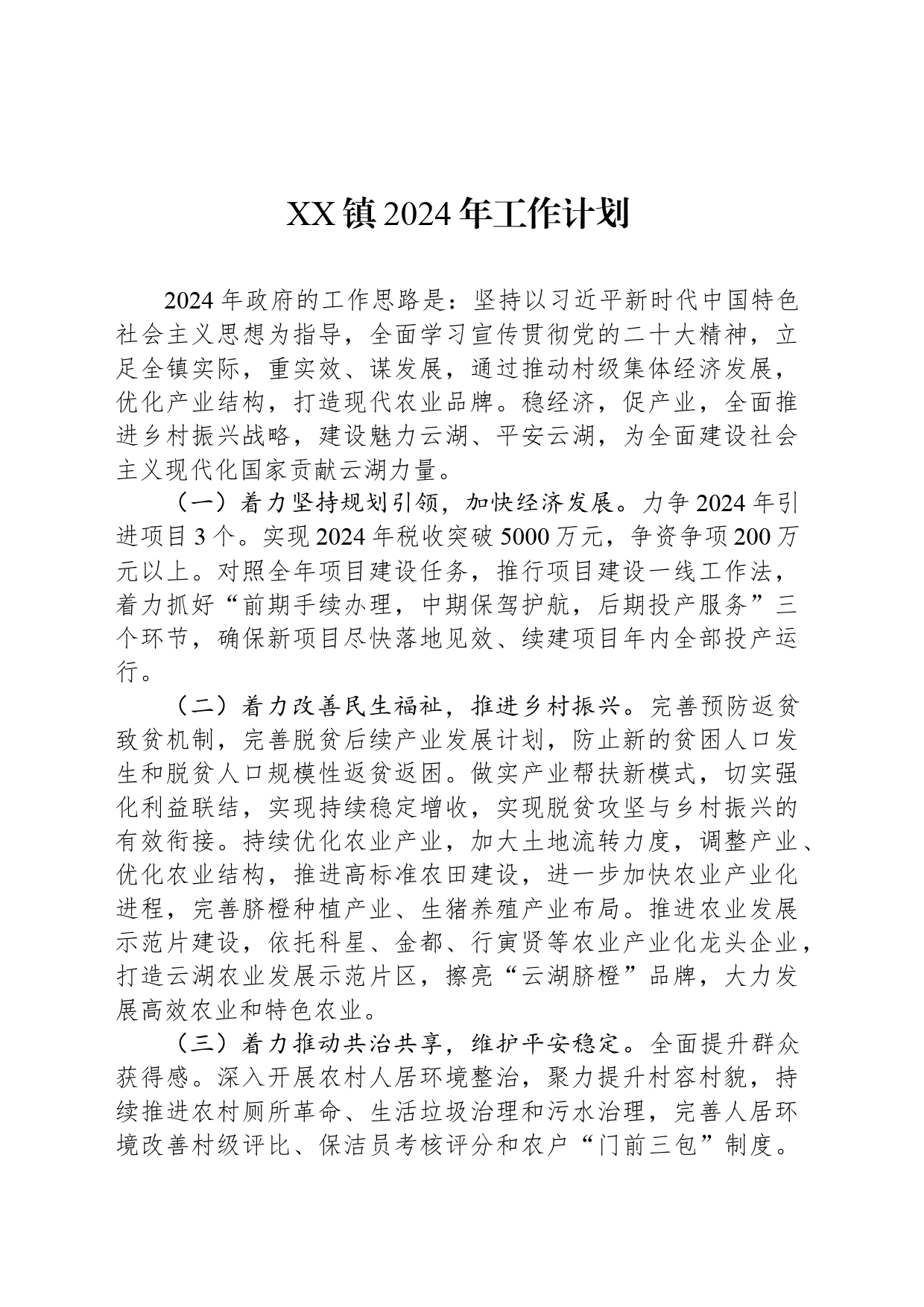 XX镇2024年工作计划（20240315）_第1页