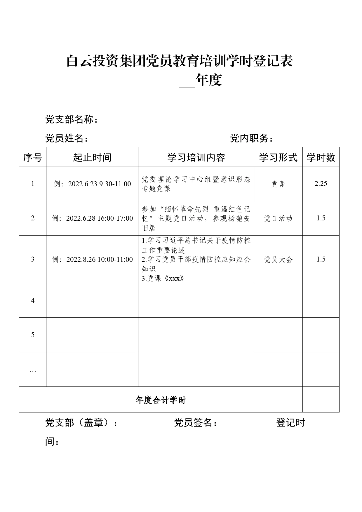 党员教育培训学时登记表（模板）_第1页