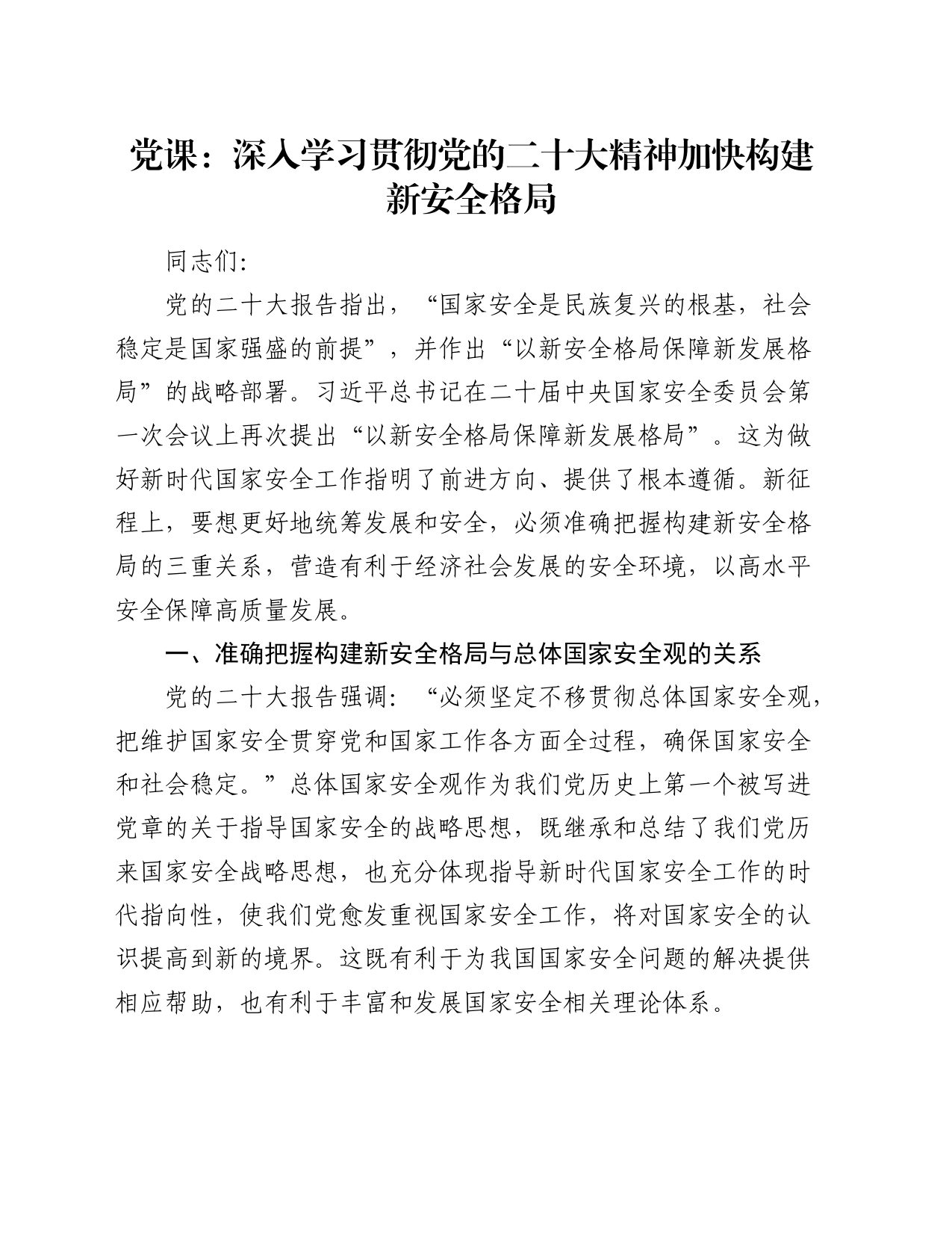 党课：深入学习贯彻二十大精神 加快构建新安全格局_第1页