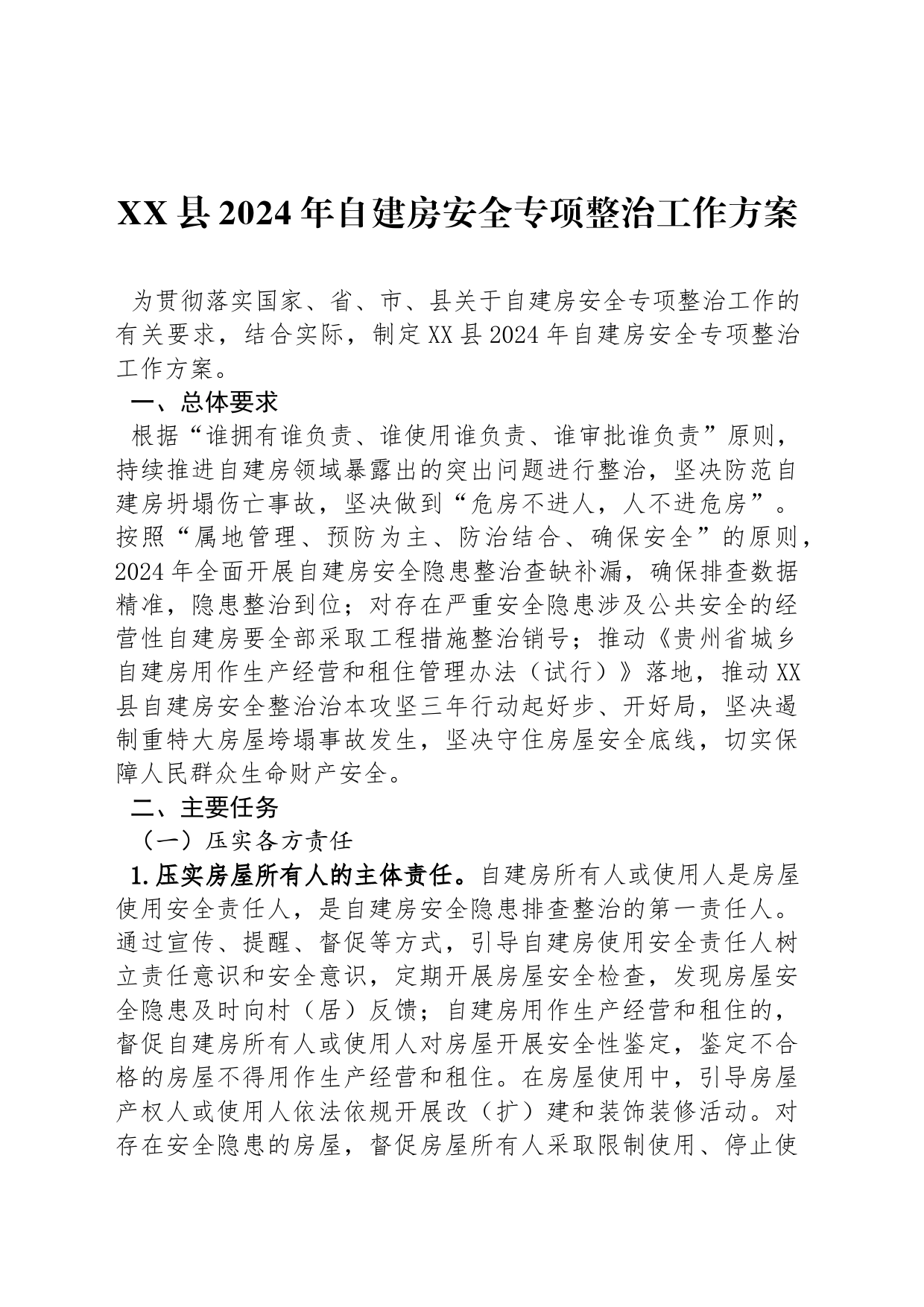 XX县2024年自建房安全专项整治工作方案_第1页