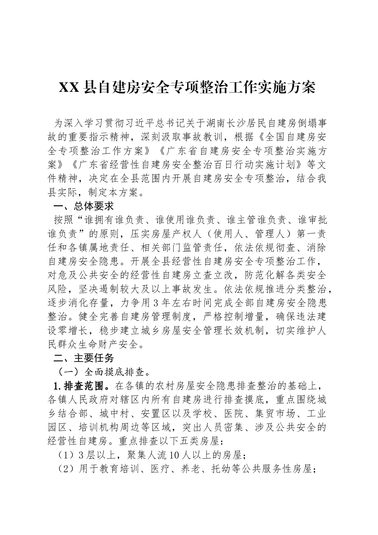 XX县自建房安全专项整治工作实施方案_第1页
