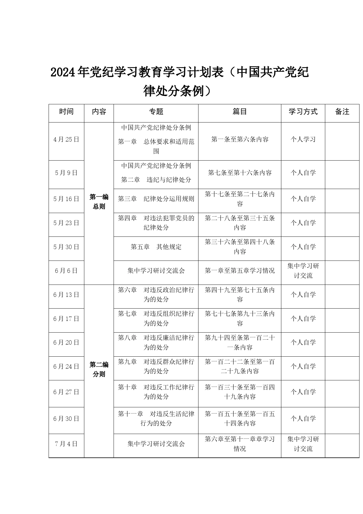 《中国共产党纪律处分条例》2024年学习计划表_第1页