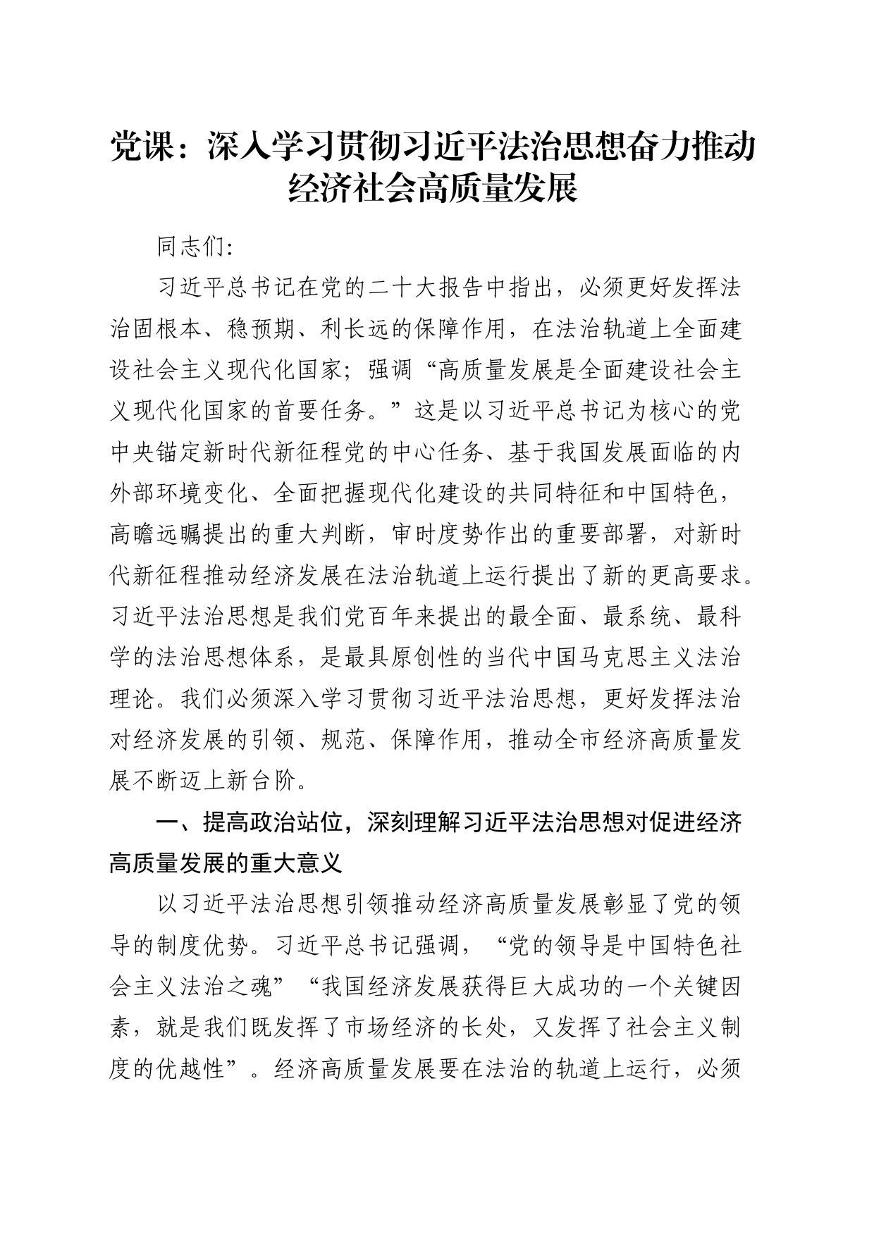 党课：深入学习贯彻总书记法治思想 奋力推动经济社会高质量发展_第1页