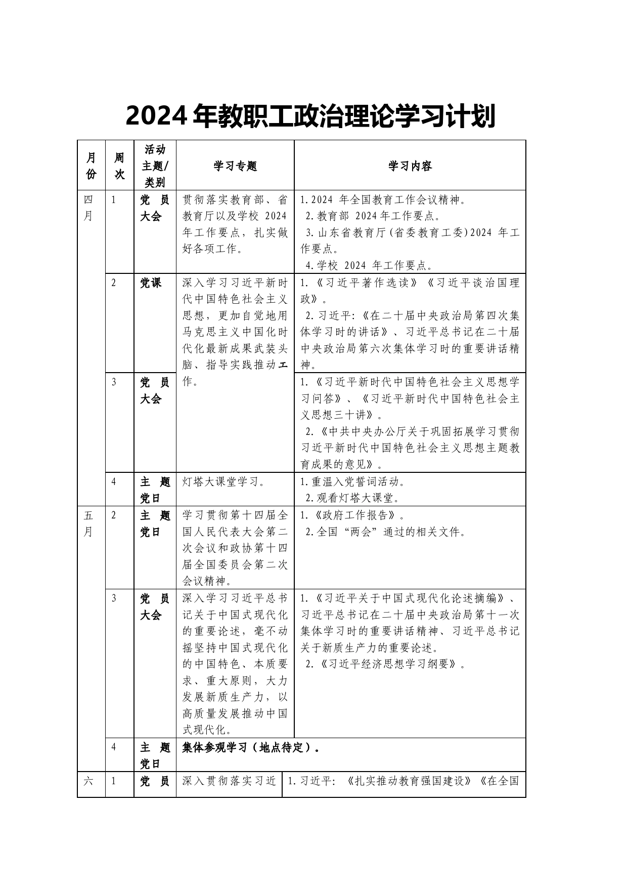 2024年学校教职工政治理论学习计划要点表_第1页