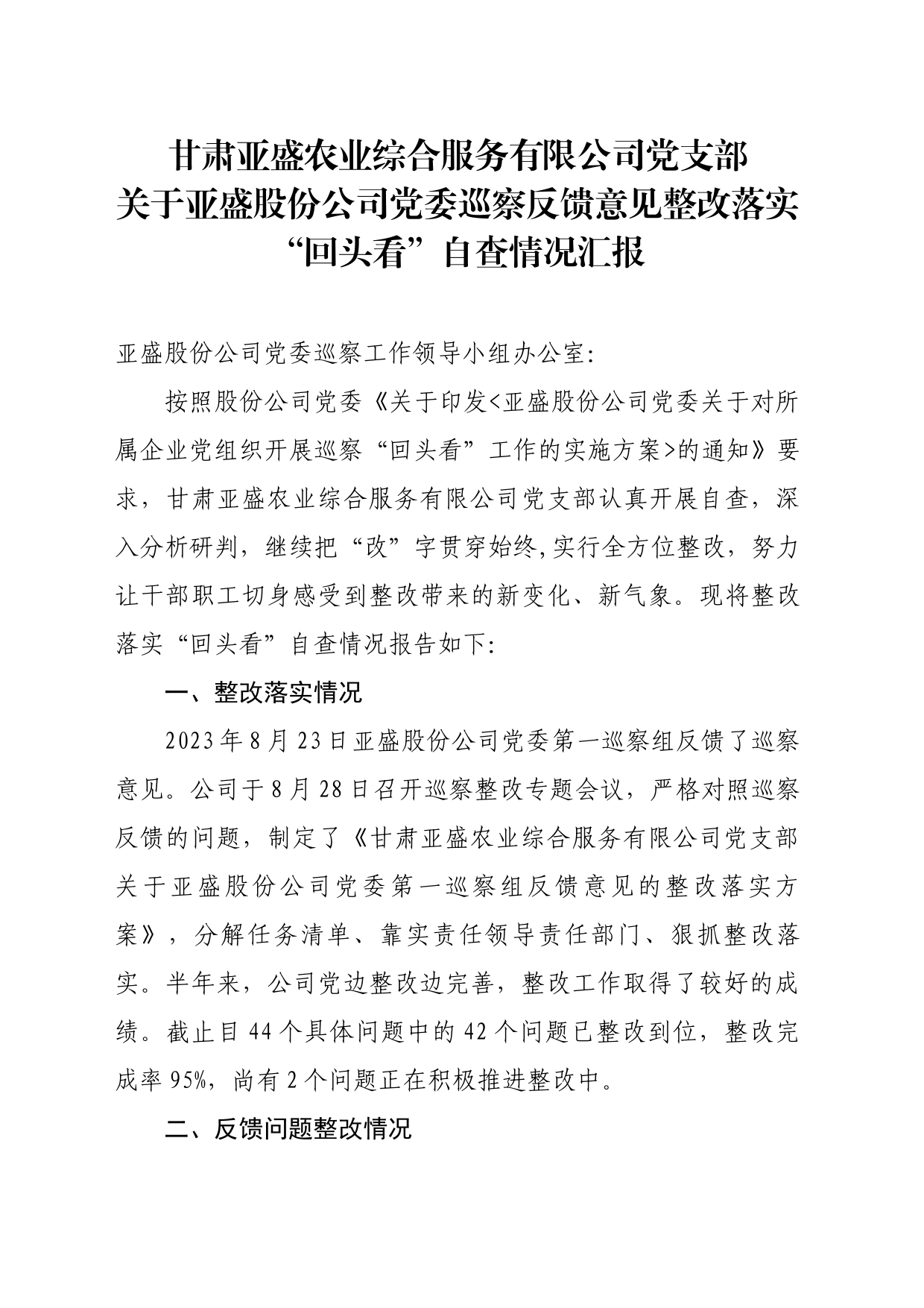 农业综合服务有限公司党支部巡察整改“回头看”自查情况报告(425)_第1页