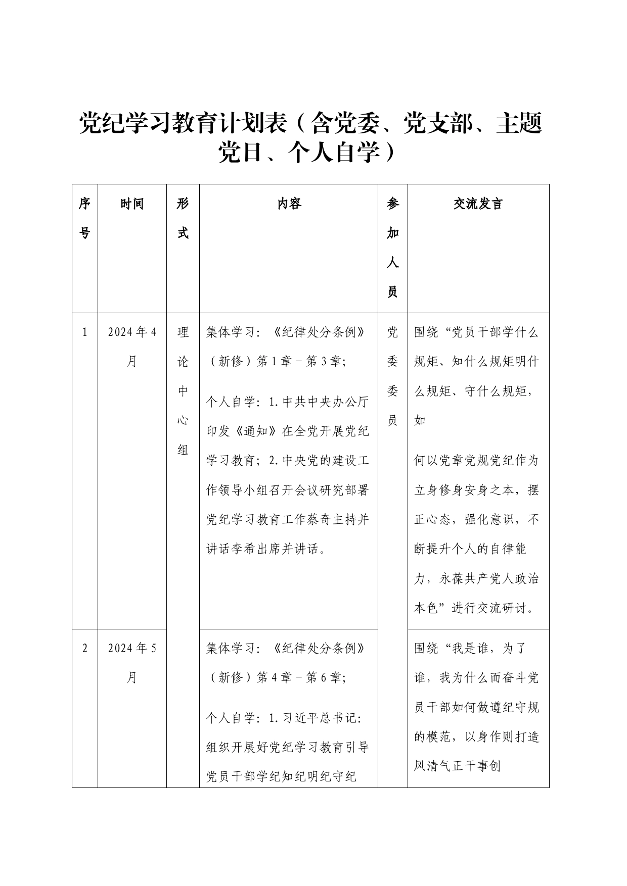 党纪学习教育计划表（含党委、支部、主题党日、个人自学）20240506_第1页