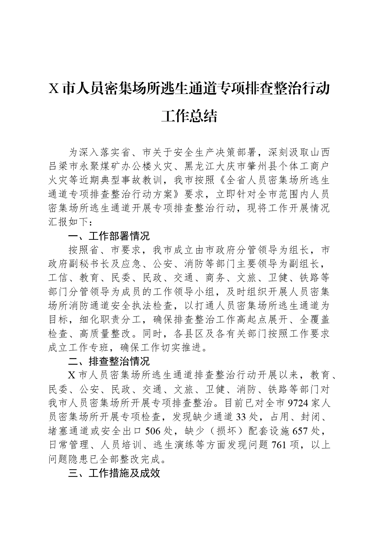 X市人员密集场所逃生通道专项排查整治行动工作总结_第1页