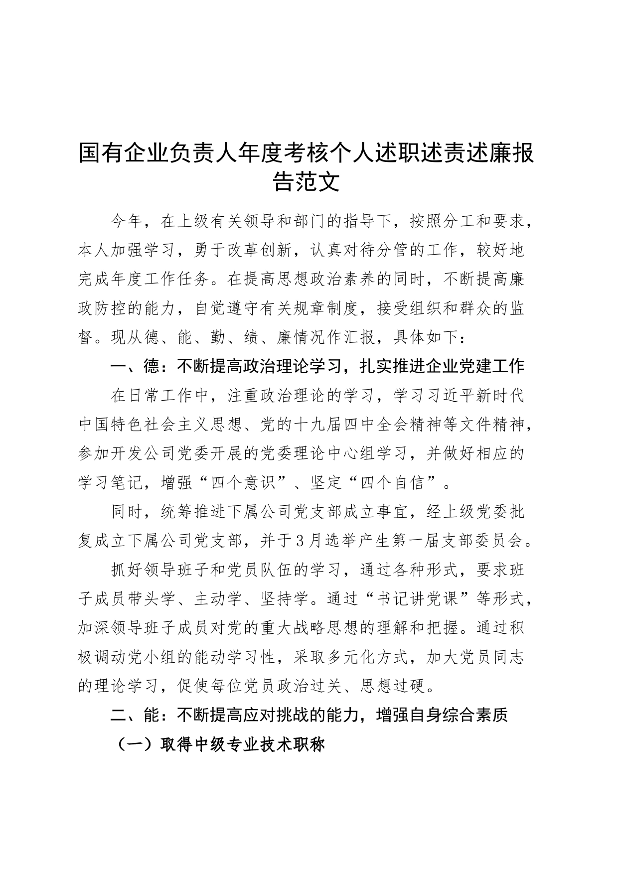 国有企业负责人年度考核个人述职述责述廉报告德能勤绩廉总结汇报_第1页