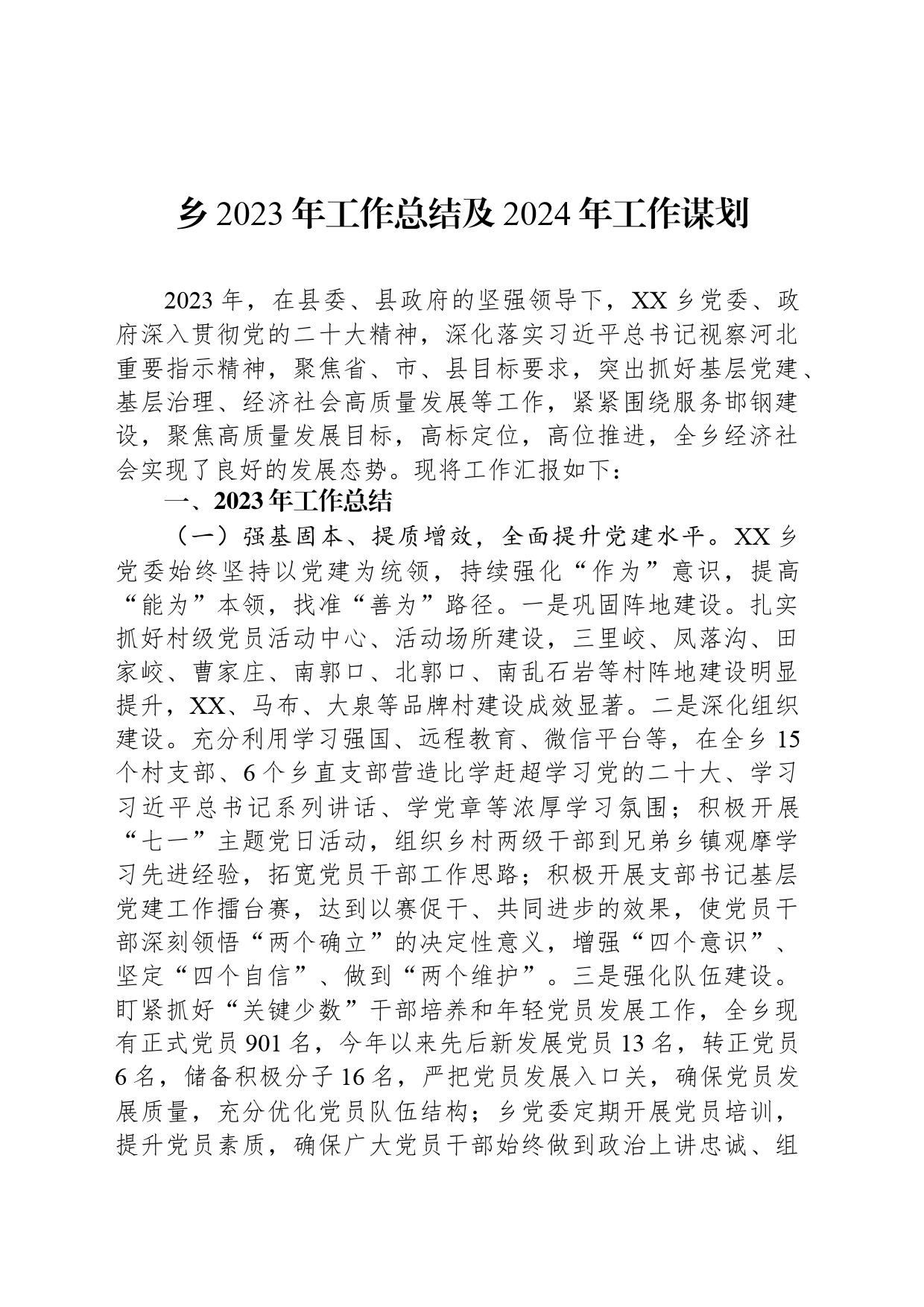 乡2023年工作总结及2024年工作谋划(20240119)_第1页