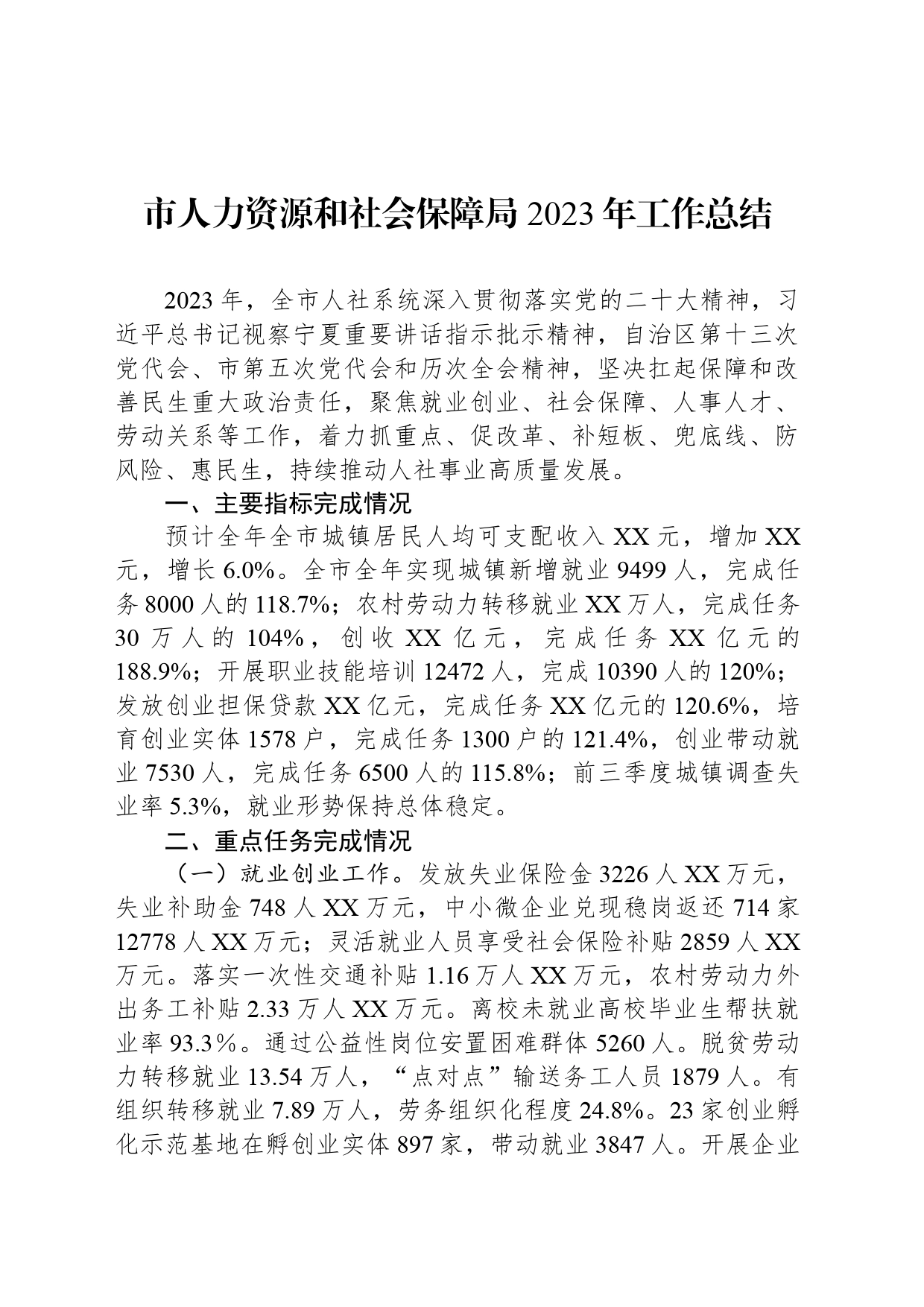 市人力资源和社会保障局 2023年工作总结（20240125）_第1页