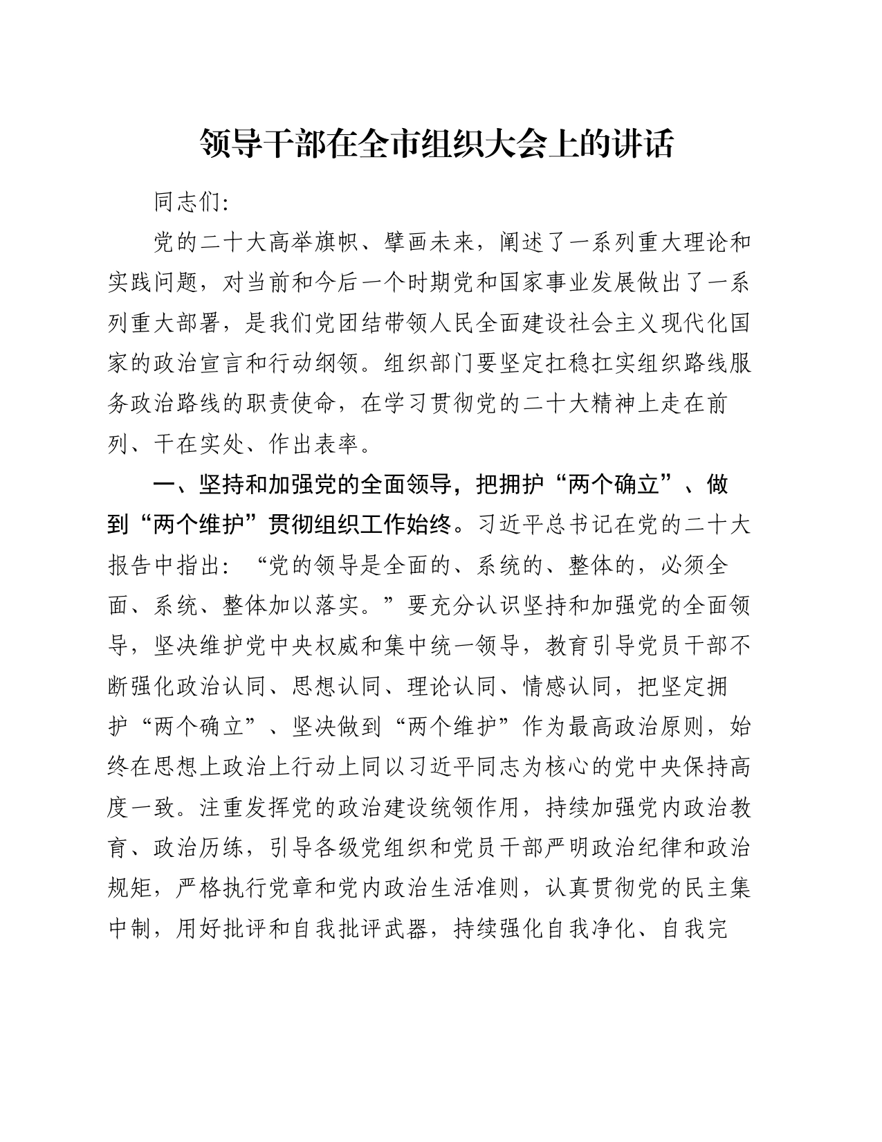 领导干部在全市组织大会上的讲话_第1页