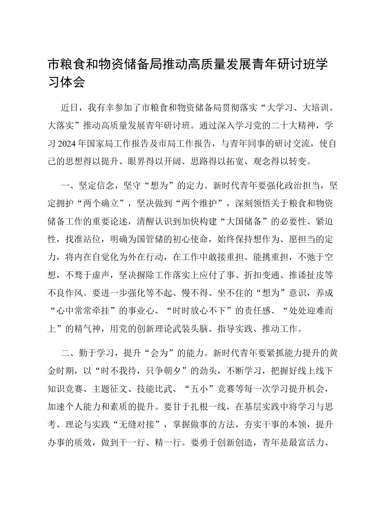 市粮食和物资储备局推动高质量发展青年研讨班学习心得体会_第1页