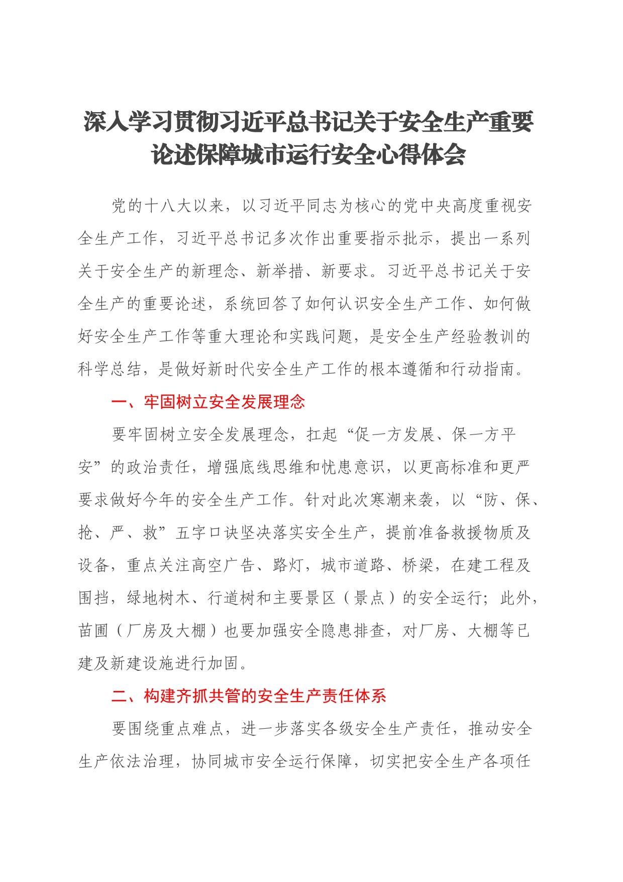 深入学习贯彻习近平总书记关于安全生产重要论述保障城市运行安全心得体会_第1页