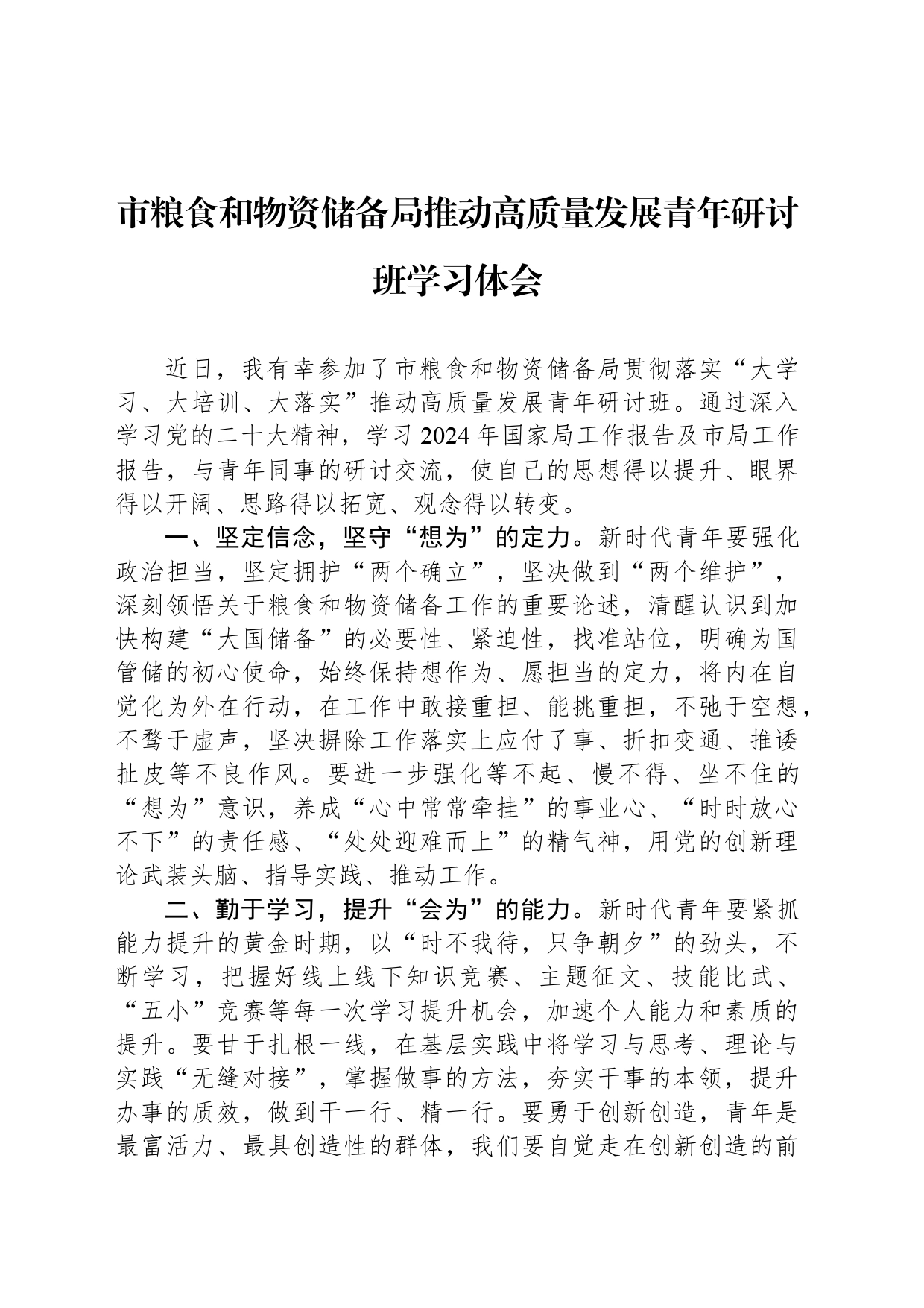市粮食和物资储备局推动高质量发展青年研讨班学习体会_第1页