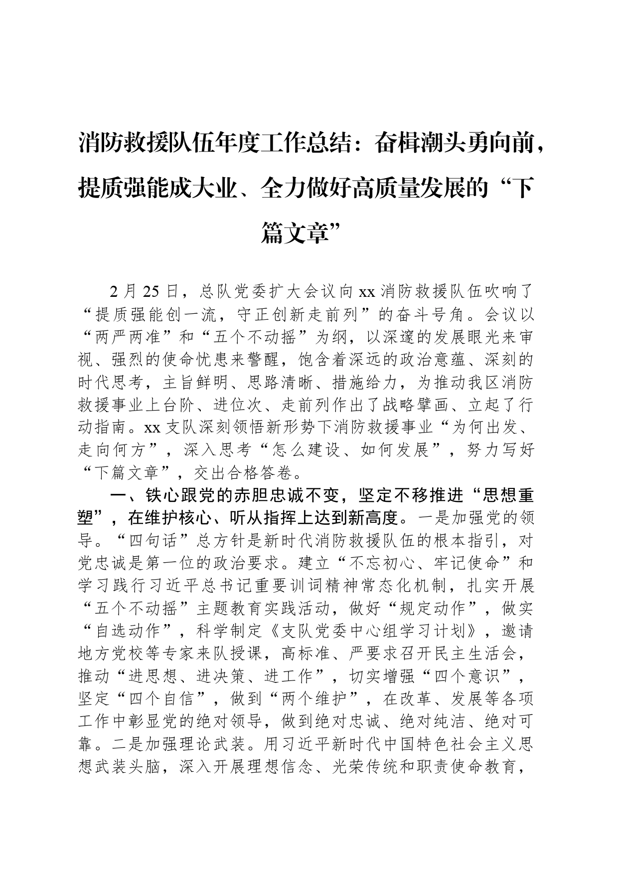 消防救援队伍年度工作总结：奋楫潮头勇向前，提质强能成大业、全力做好高质量发展的“下篇文章”_第1页