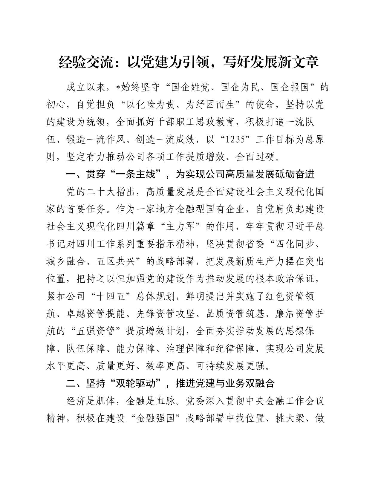 经验交流：以党建为引领，写好发展新文章_第1页