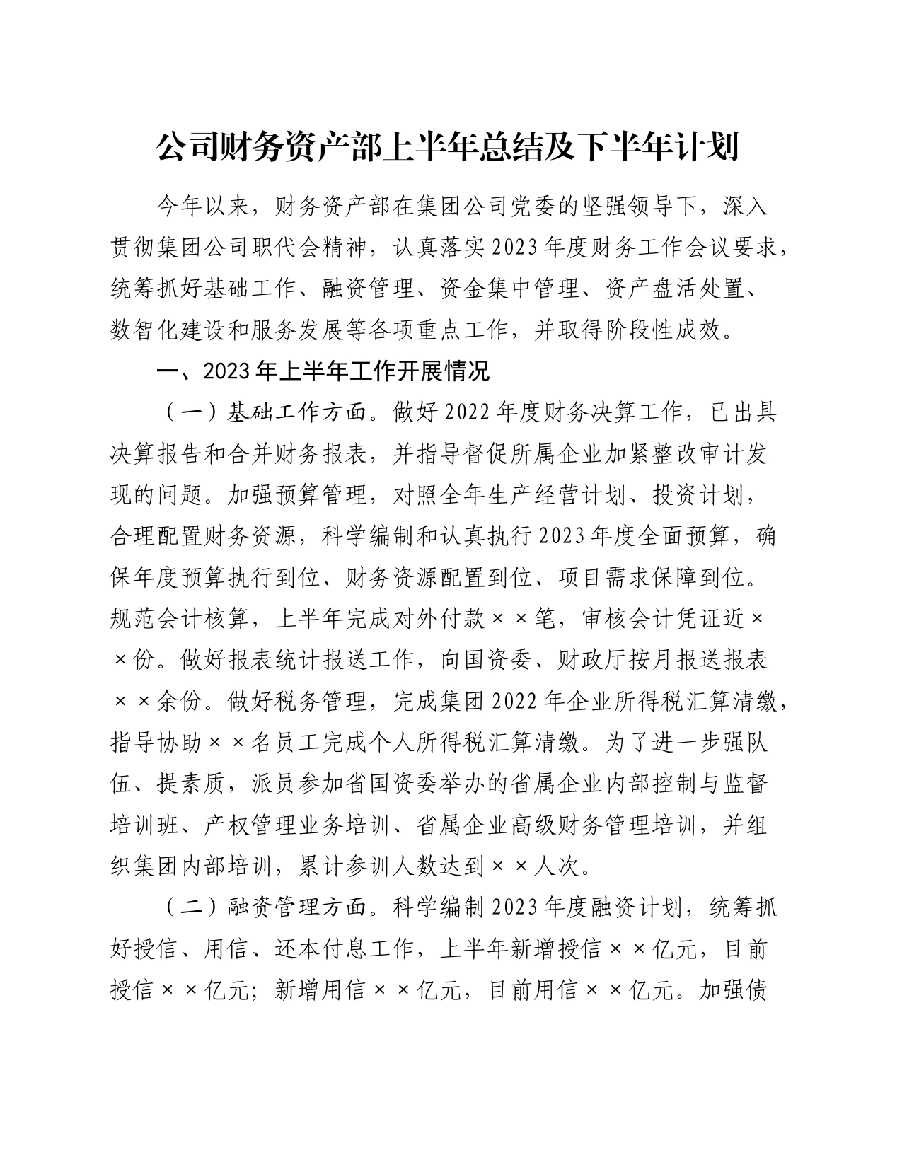 公司财务资产部上半年总结及下半年计划_第1页