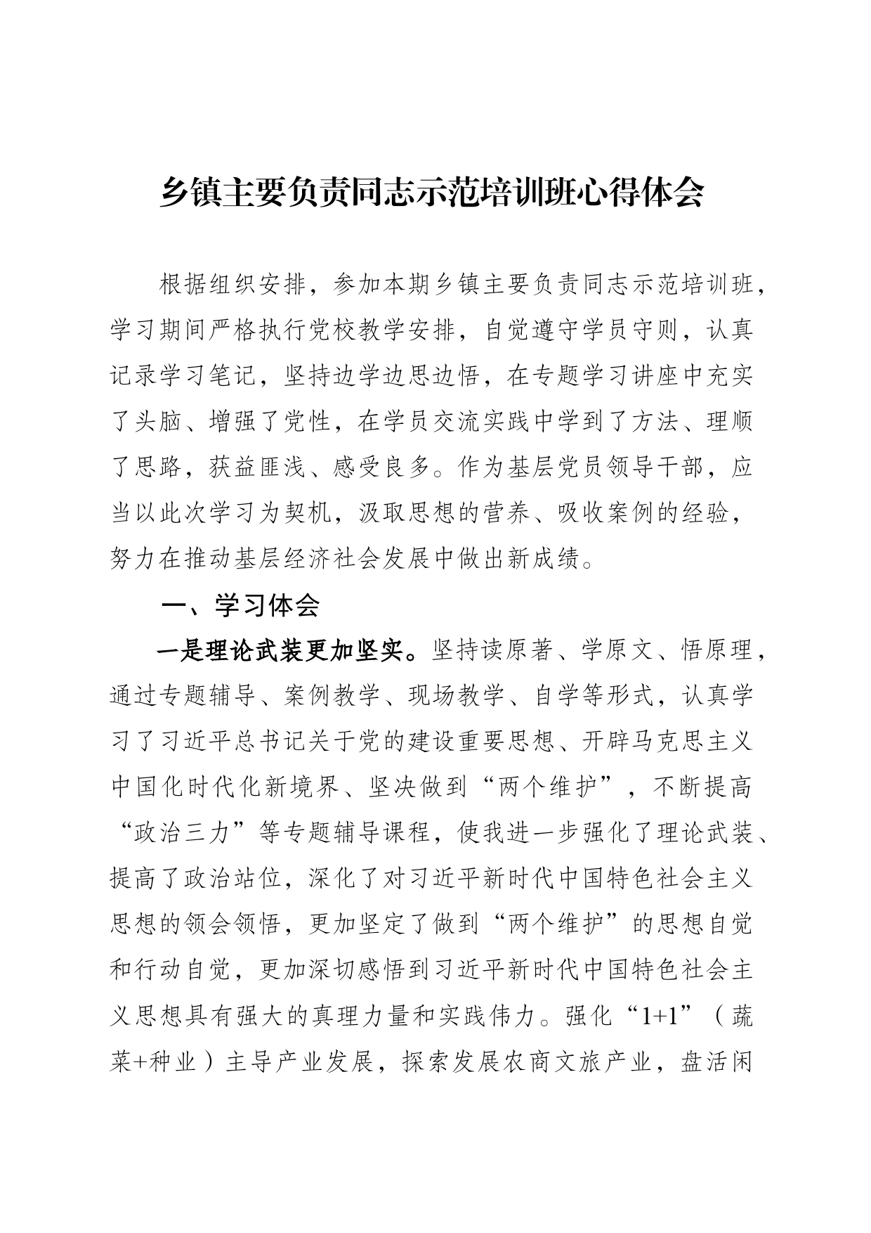 乡镇街道主要负责同志示范培训班心得体会_第1页