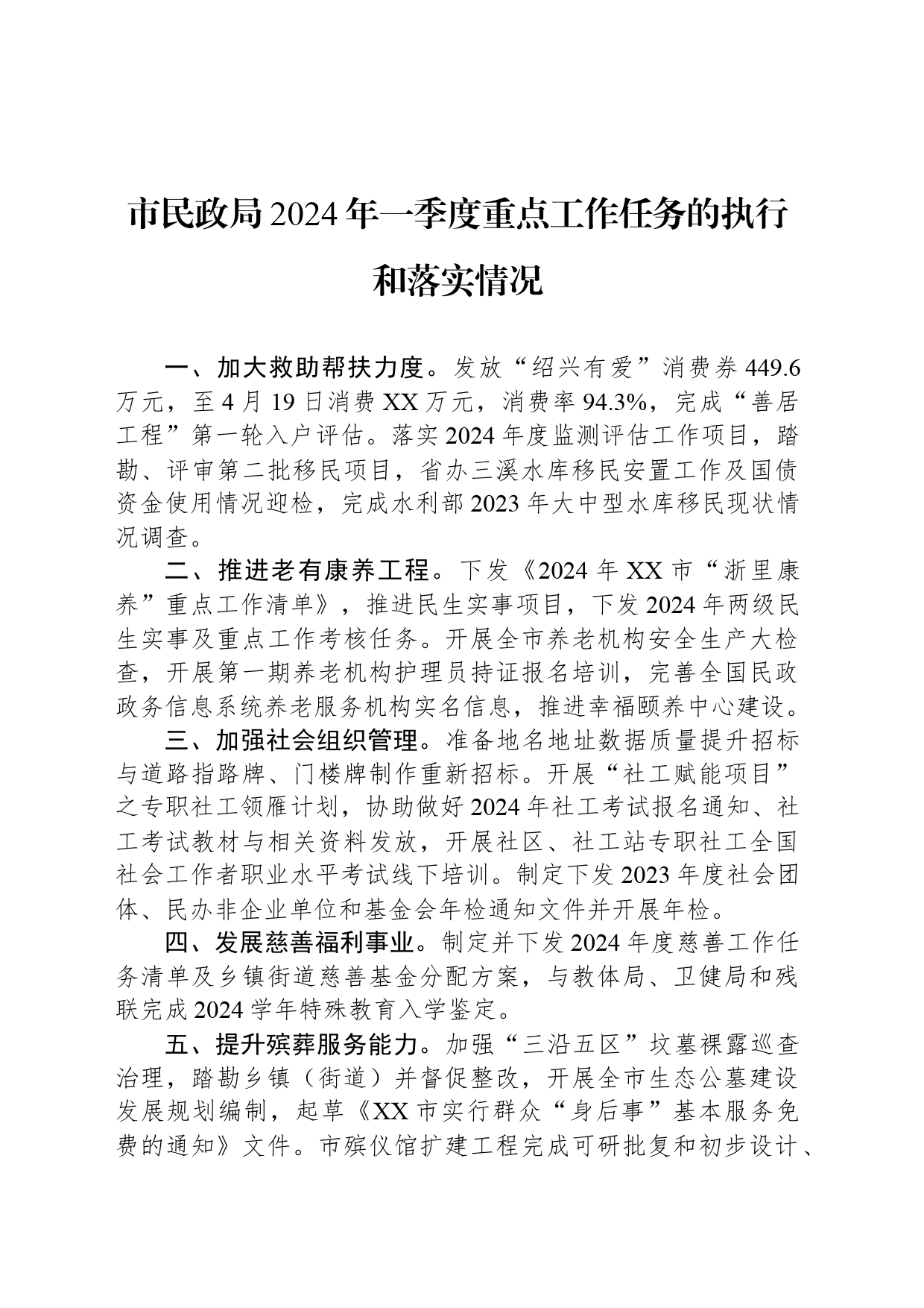 市民政局2024年一季度重点工作任务的执行和落实情况(20240517)_第1页