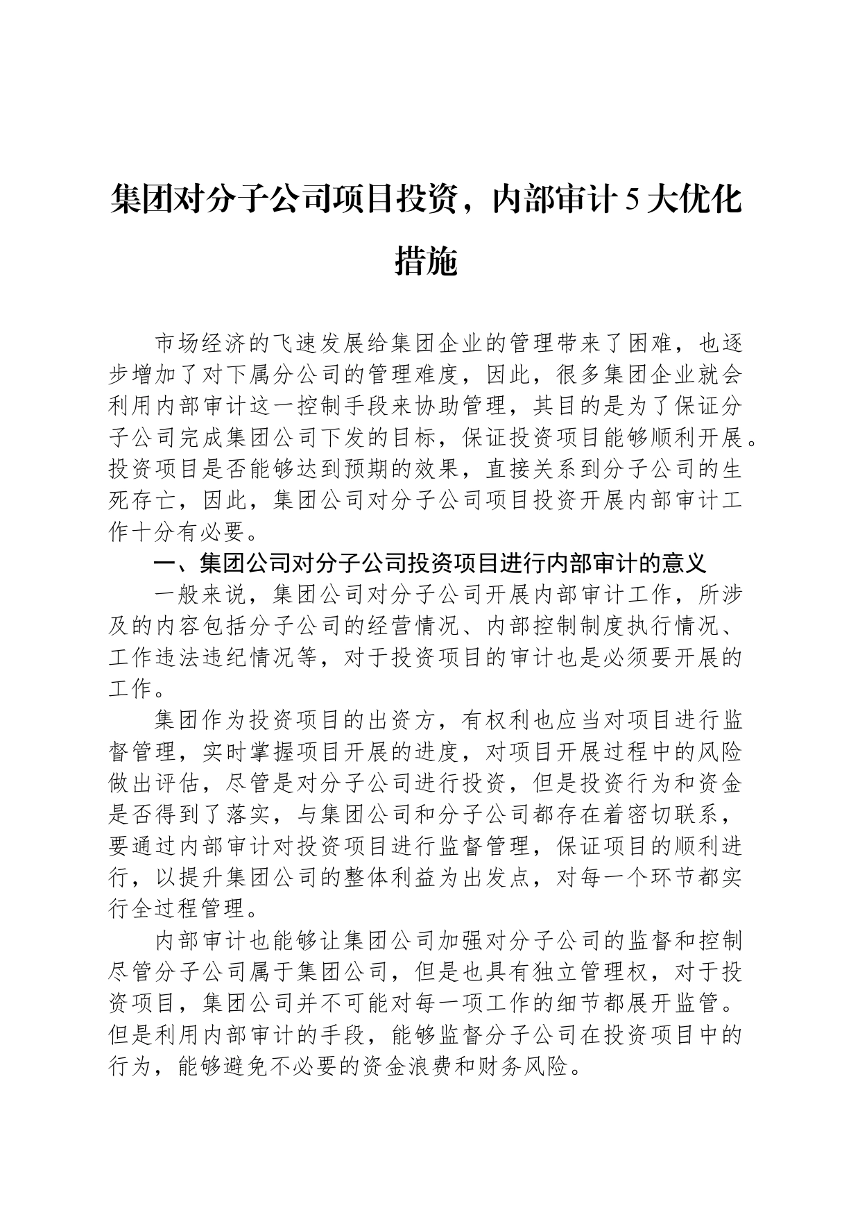 集团对分子公司项目投资，内部审计5大优化措施_第1页