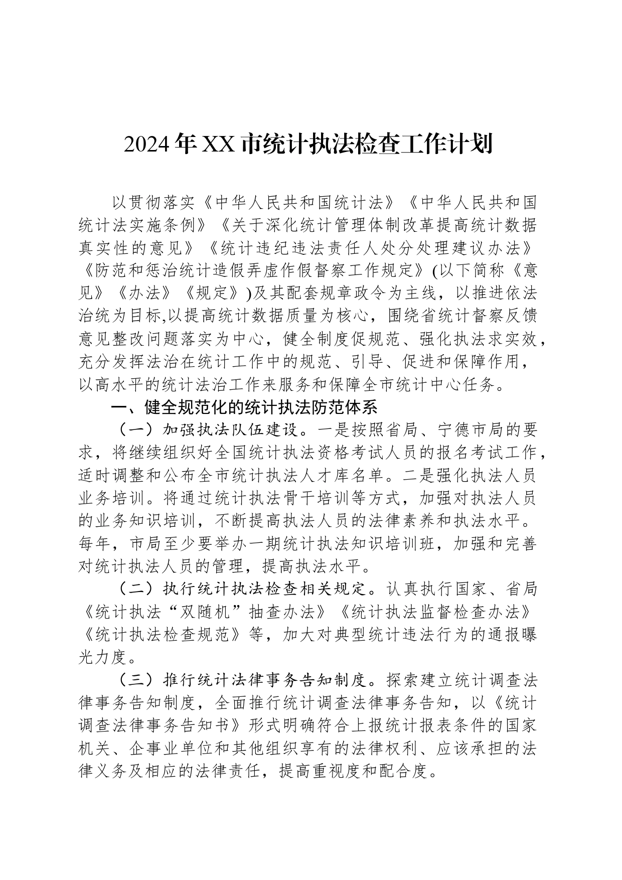 2024年XX市统计执法检查工作计划（20240513）_第1页