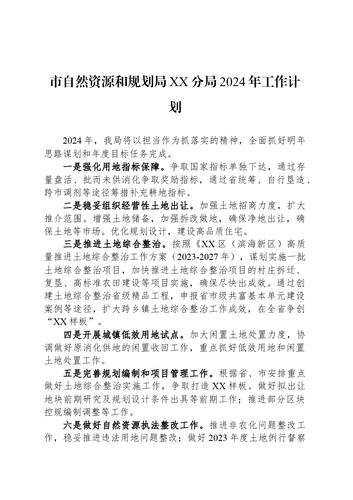 市自然资源和规划局XX分局2024年工作计划(20240508)_第1页