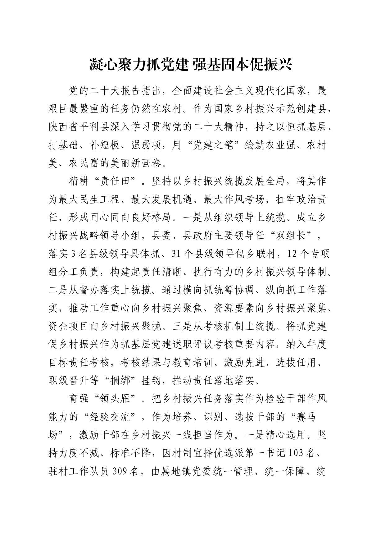 乡村振兴经验发言：凝心聚力抓党建 强基固本促振兴_第1页