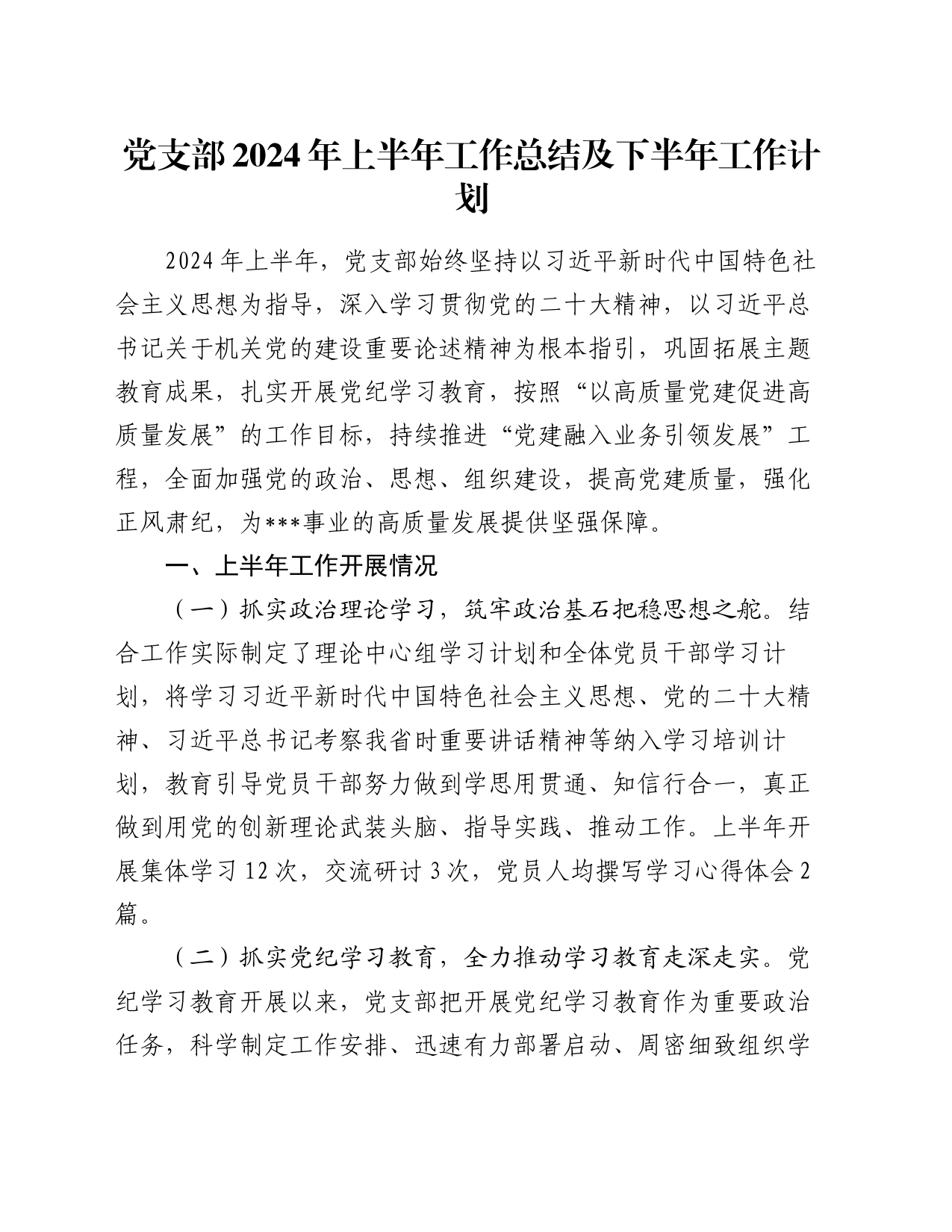 党支部2024年上半年工作总结及下半年工作计划20240607_第1页