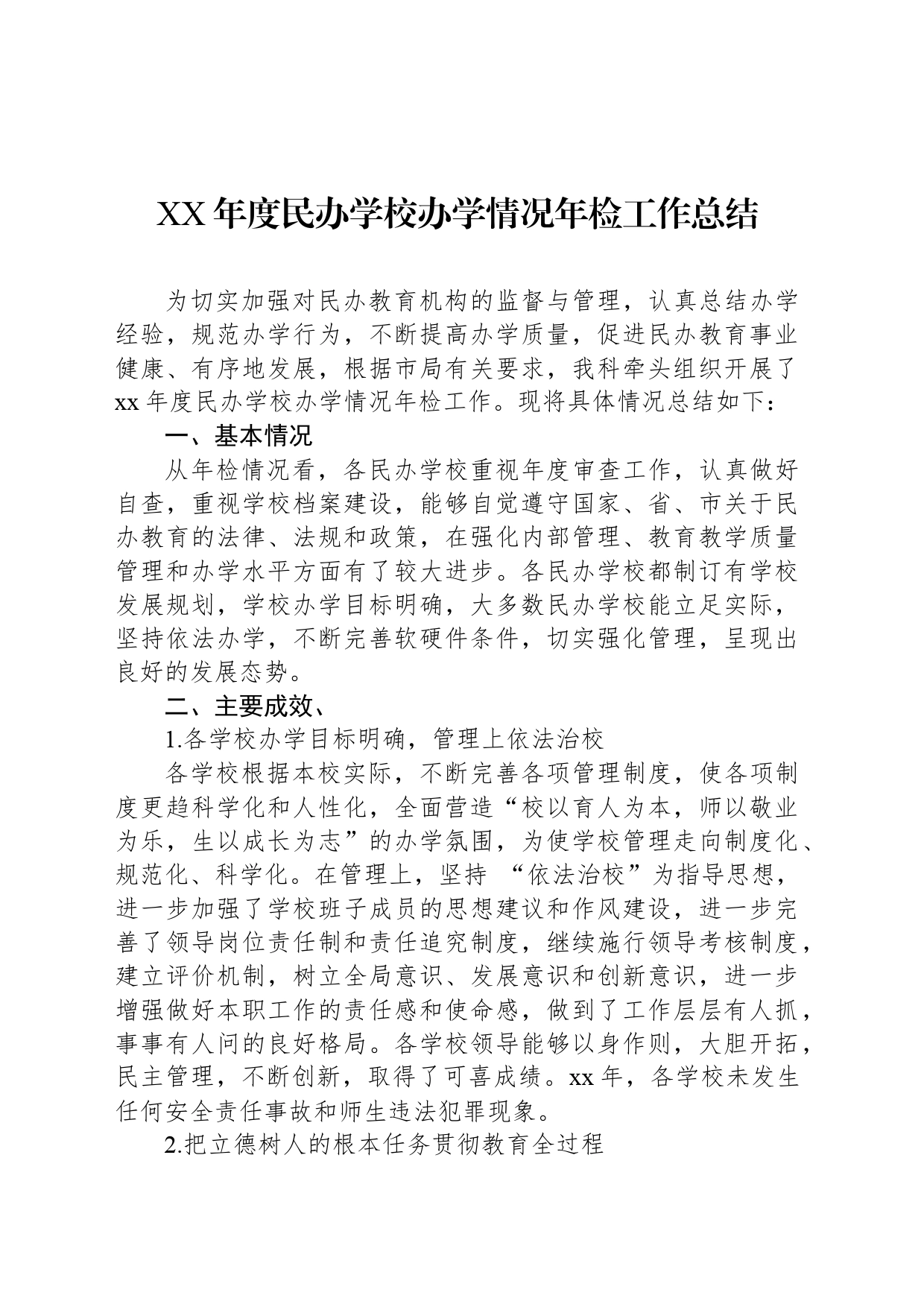 XX年度民办学校办学情况年检工作总结_第1页