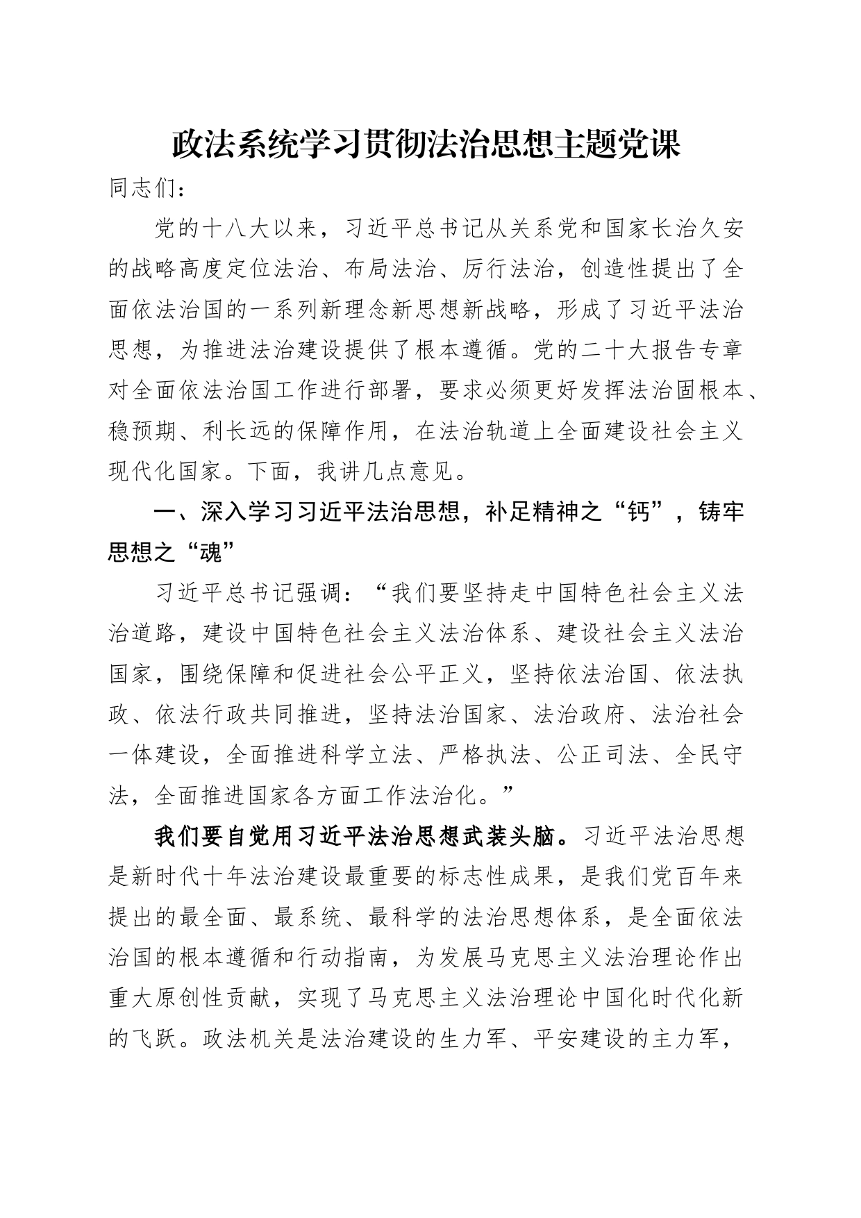 政法系统学习贯彻法治思想主题党课讲稿_第1页